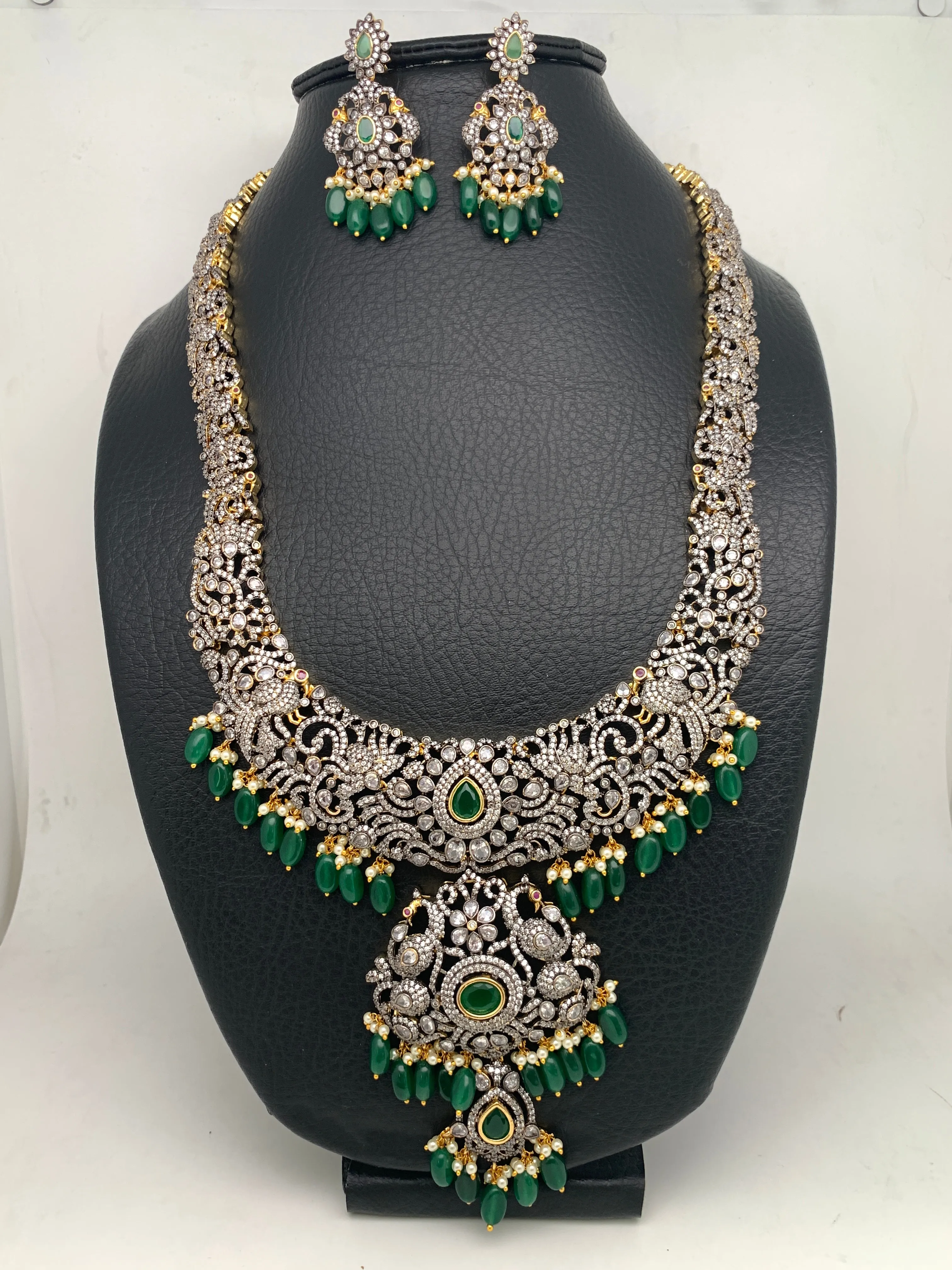 AD Green Stone Green Beads Dual Polish Long Necklace