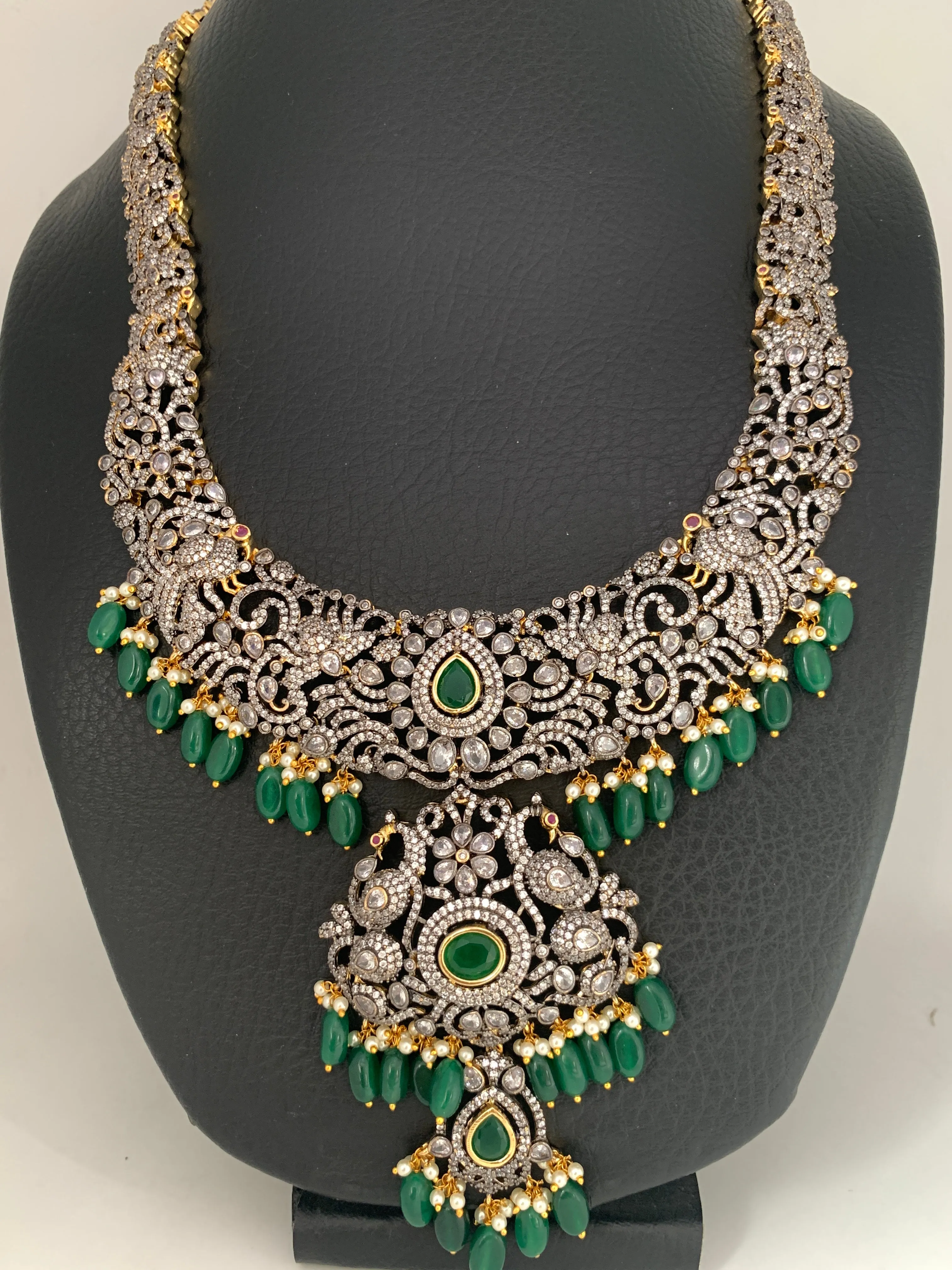 AD Green Stone Green Beads Dual Polish Long Necklace