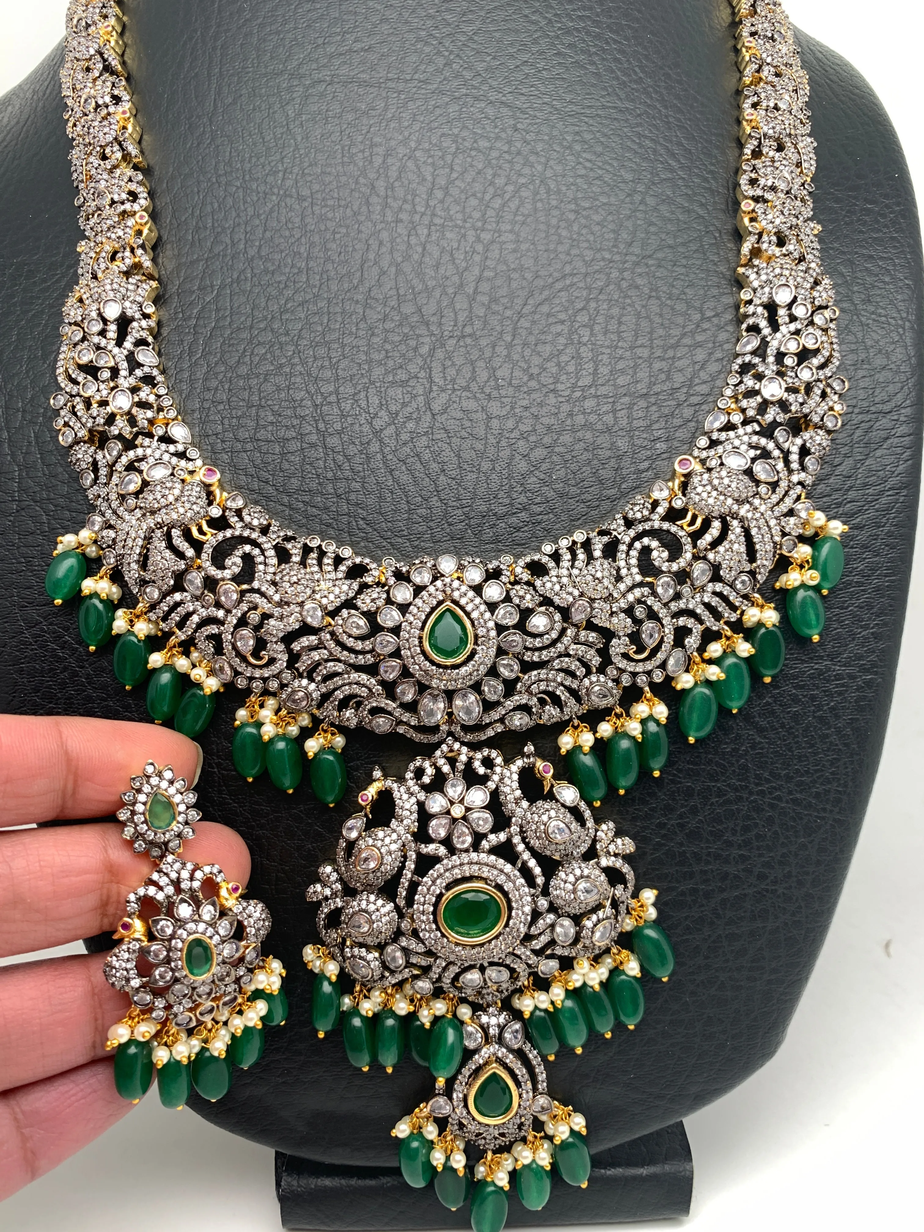 AD Green Stone Green Beads Dual Polish Long Necklace