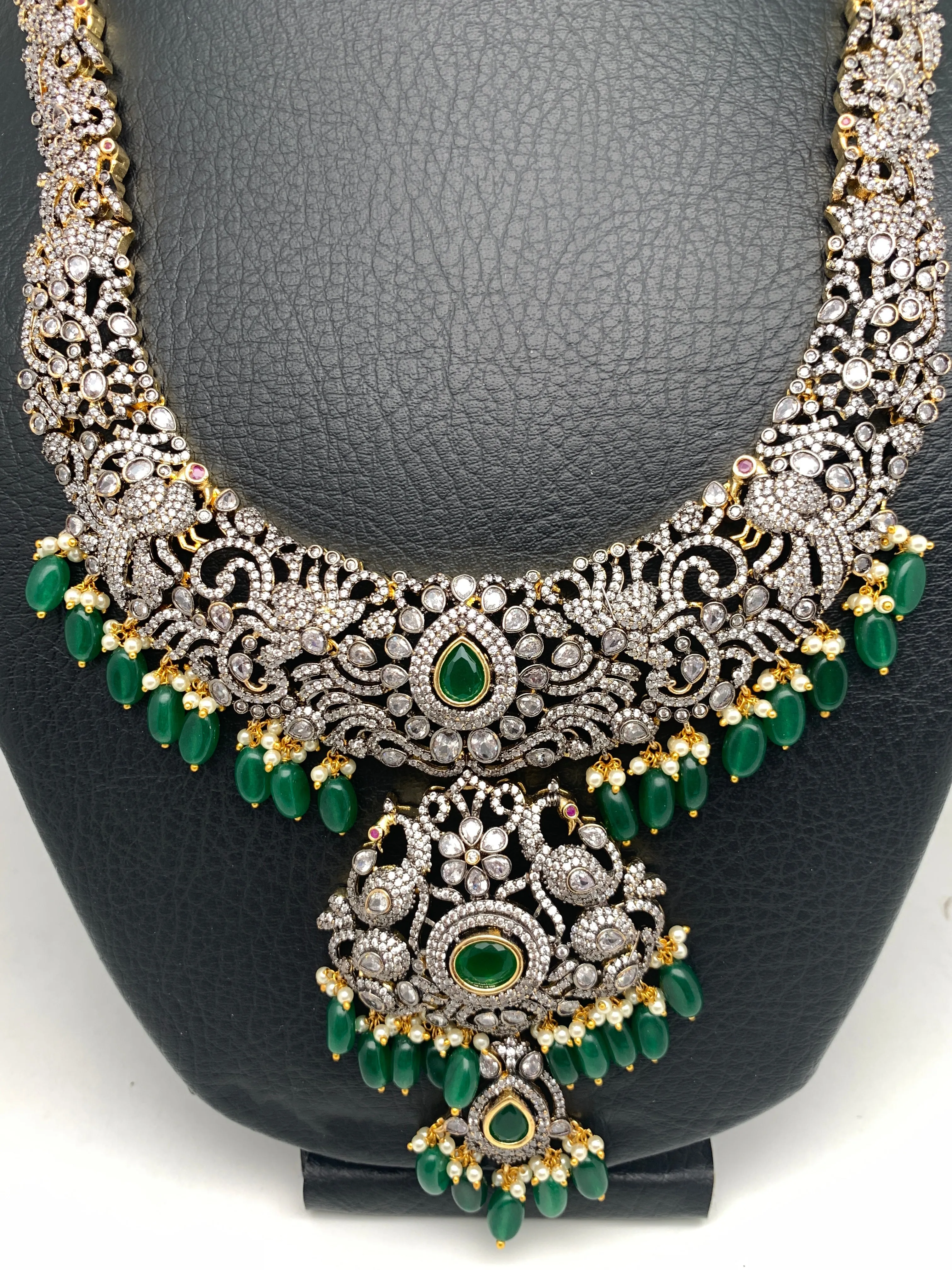 AD Green Stone Green Beads Dual Polish Long Necklace