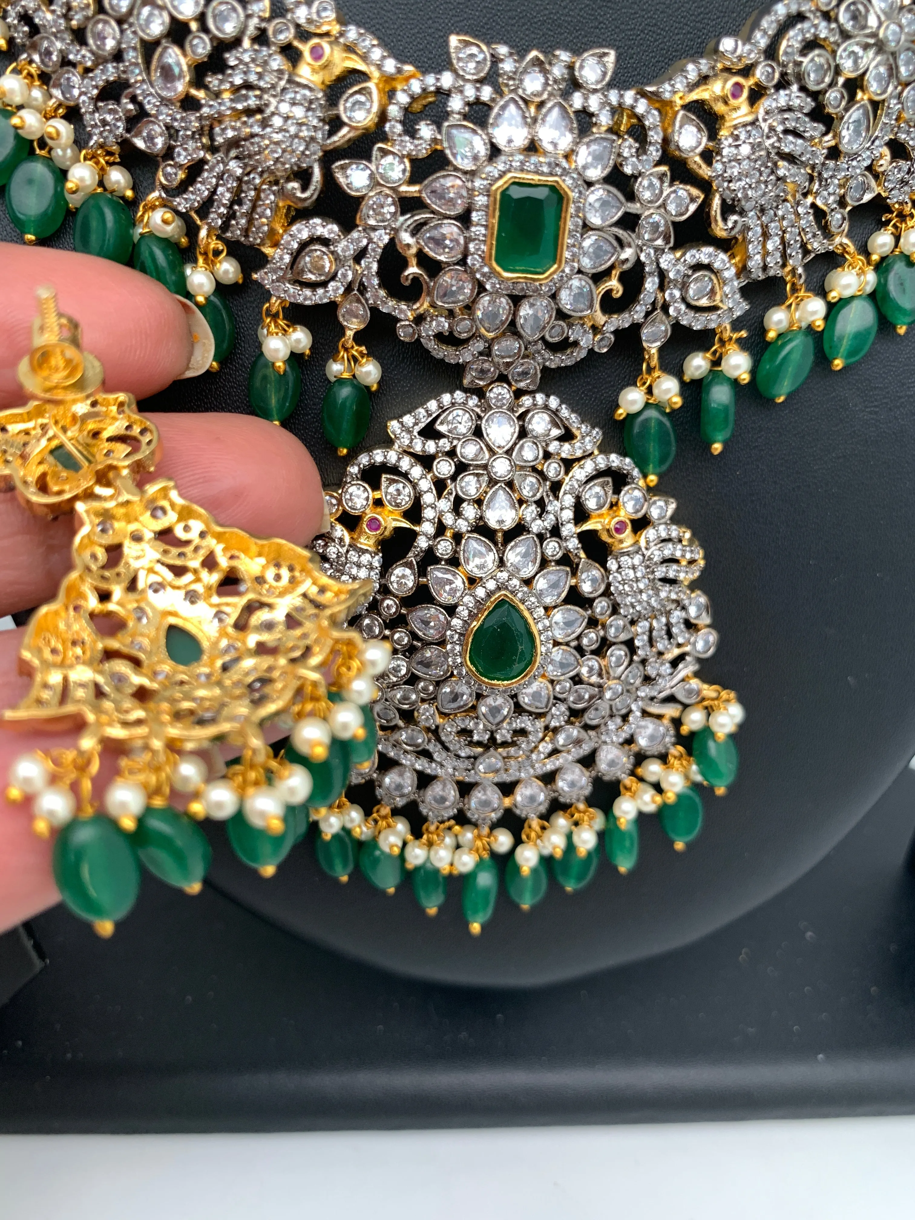 AD Green Stone Green Beads Dual Polish Neckline Necklace