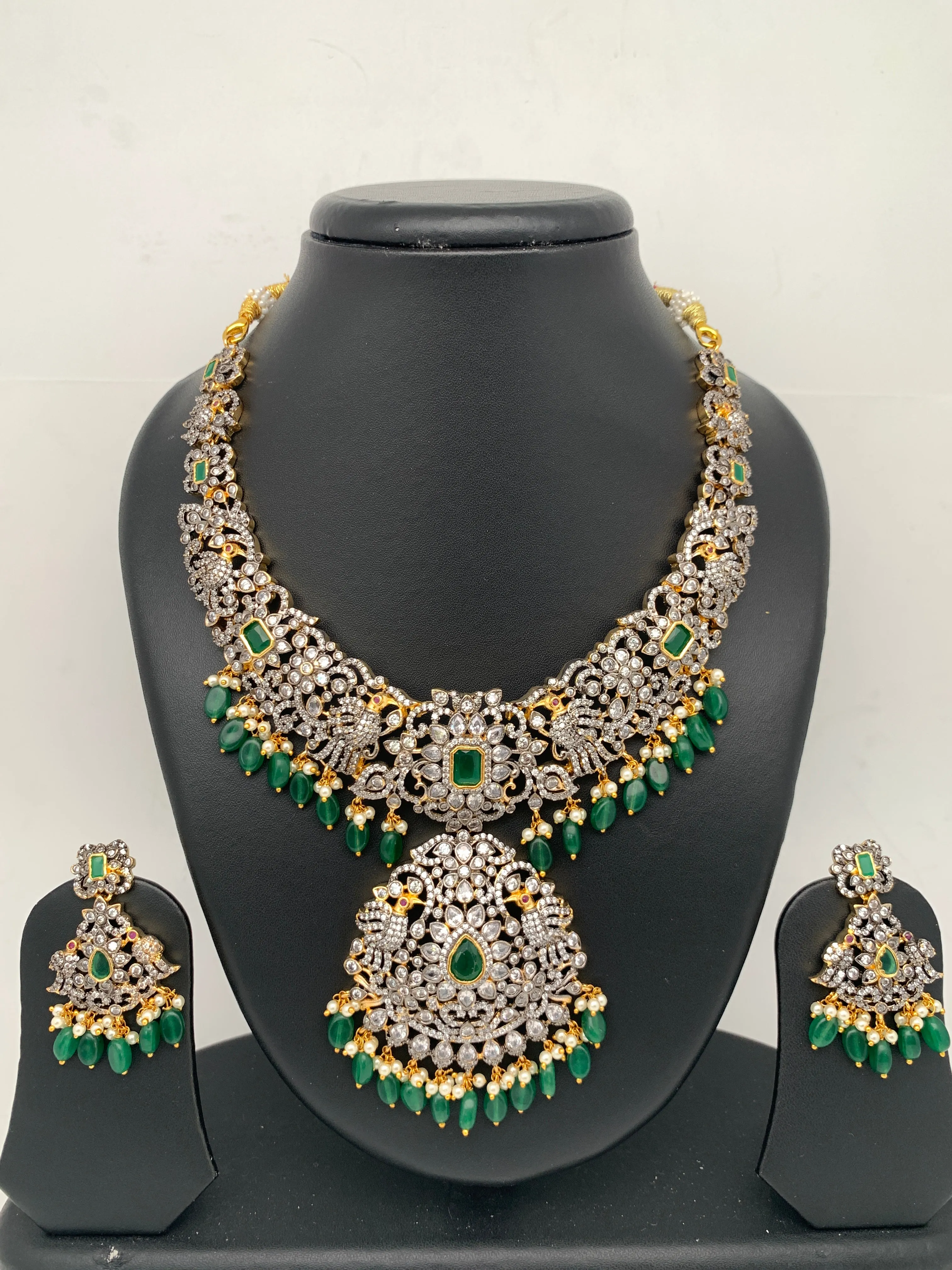 AD Green Stone Green Beads Dual Polish Neckline Necklace