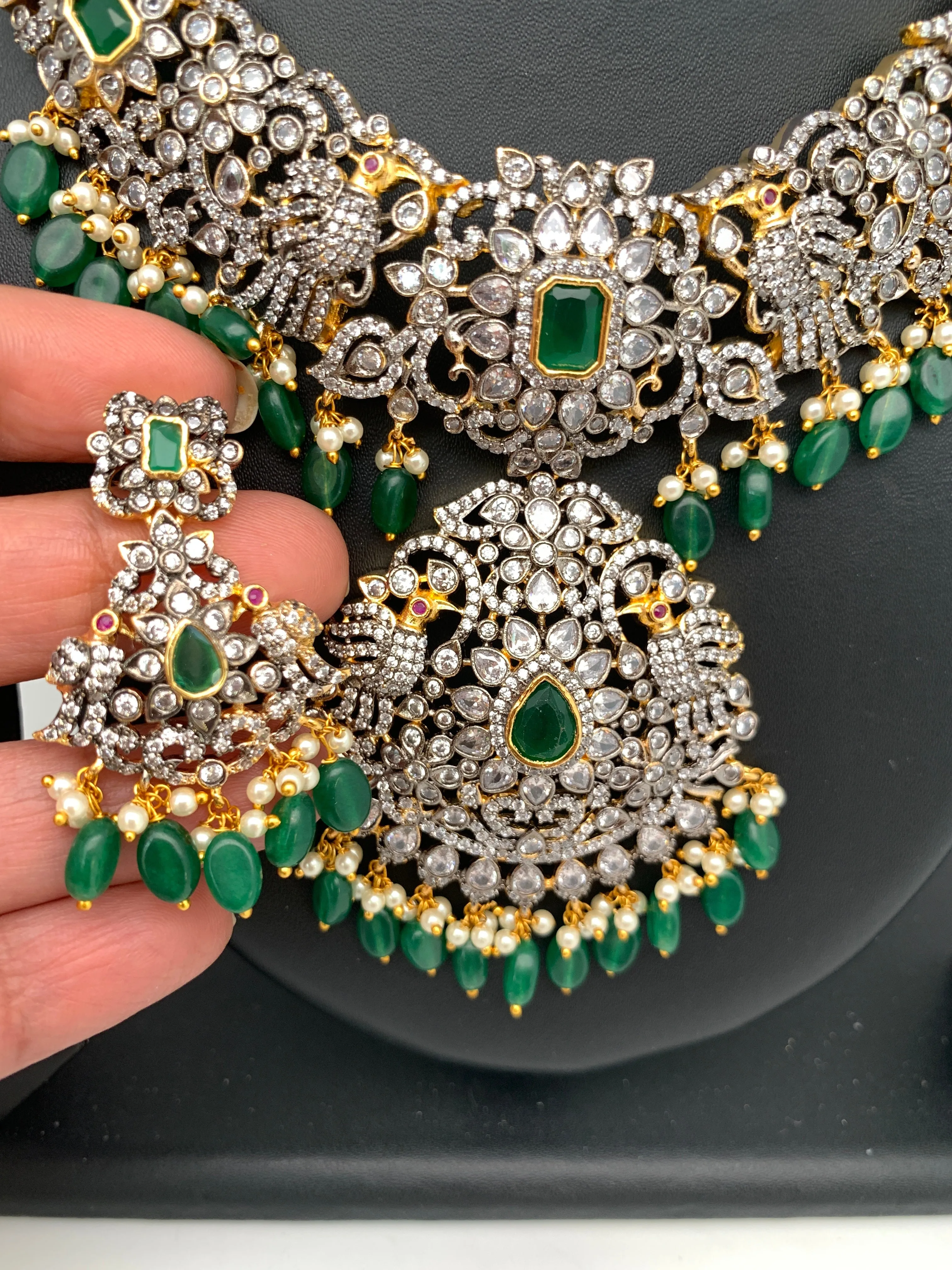 AD Green Stone Green Beads Dual Polish Neckline Necklace