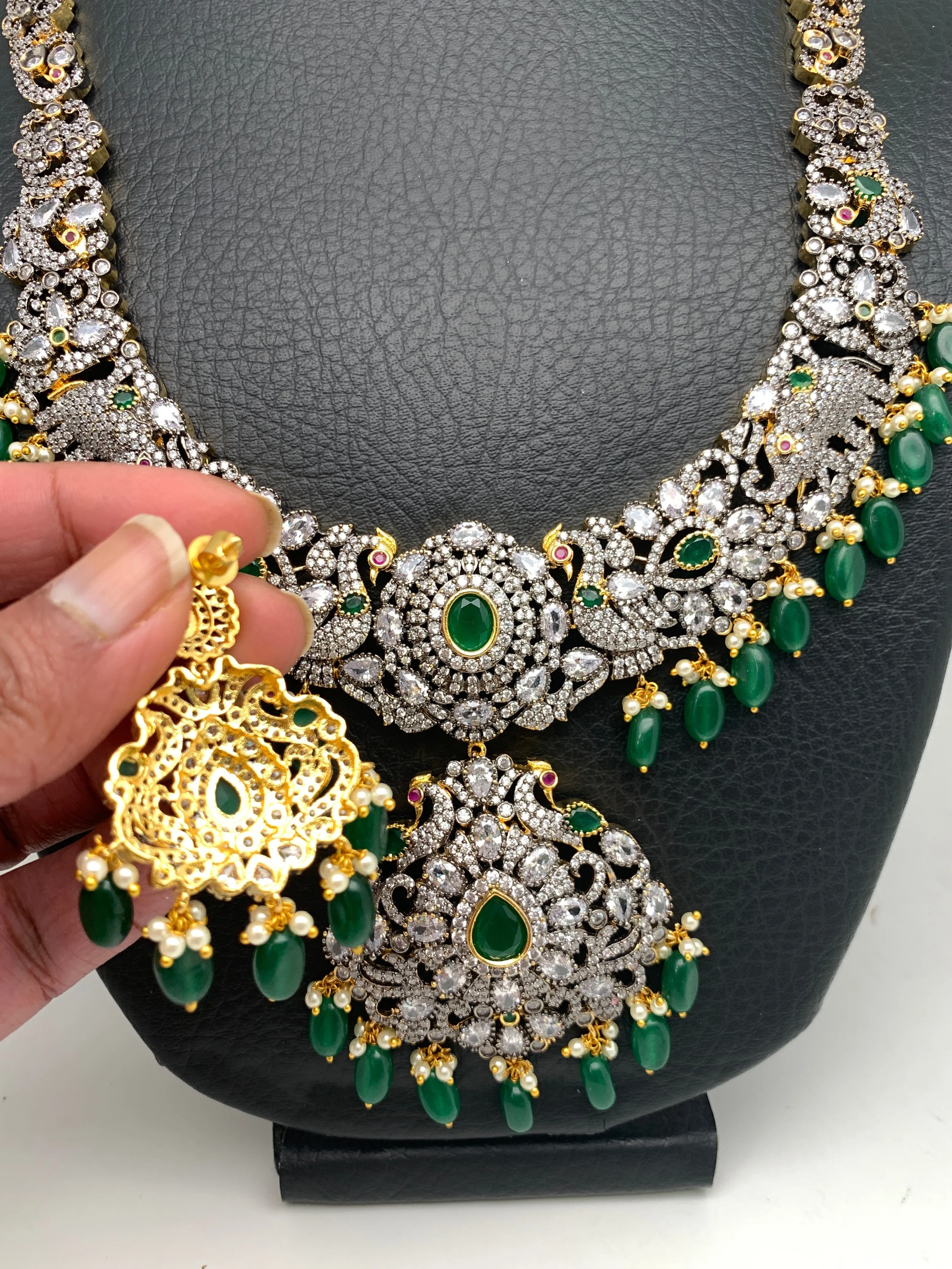 AD Green Stone Green Beads Elephant Peacock Design Dual Polish Long Necklace