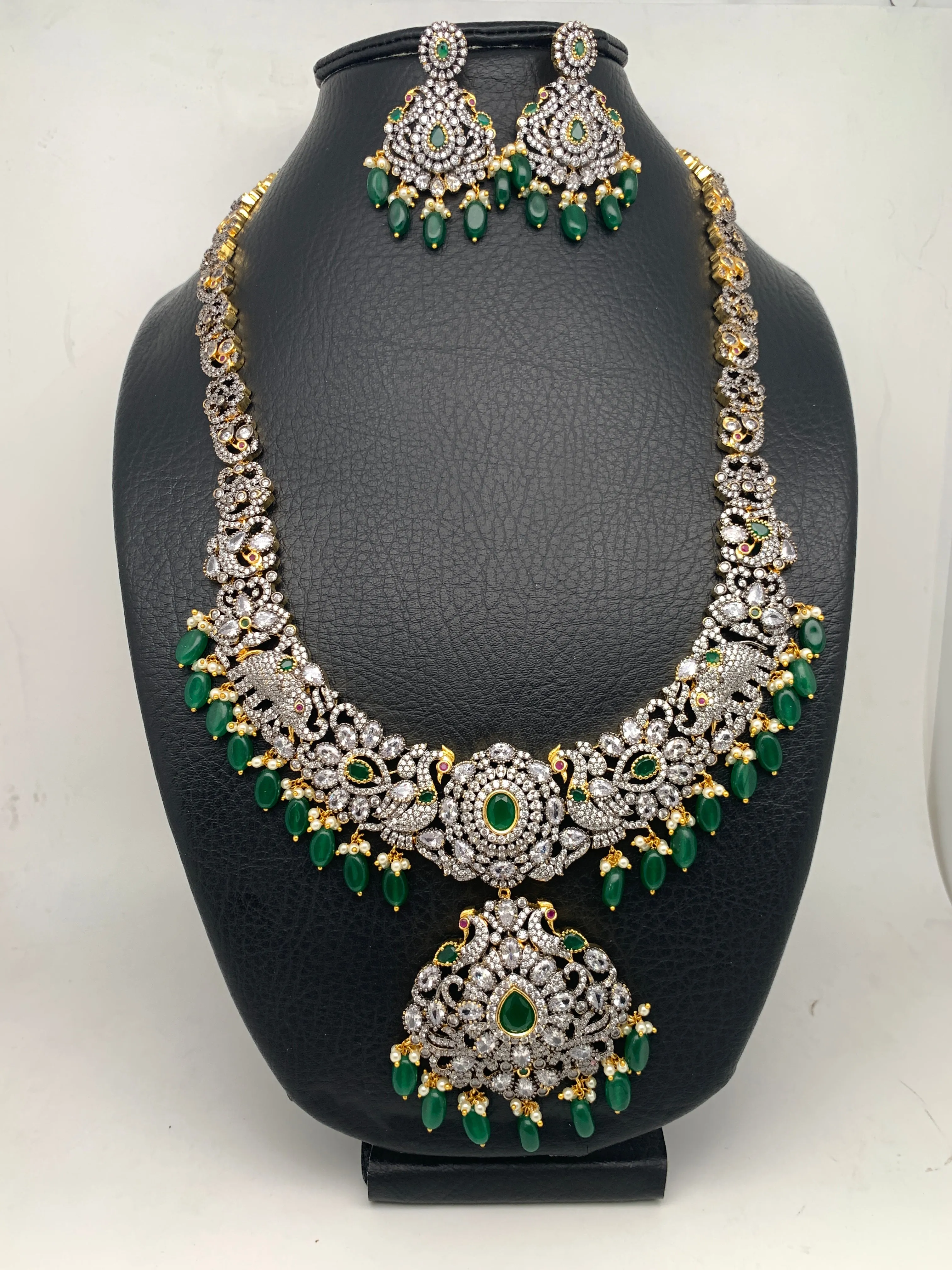 AD Green Stone Green Beads Elephant Peacock Design Dual Polish Long Necklace