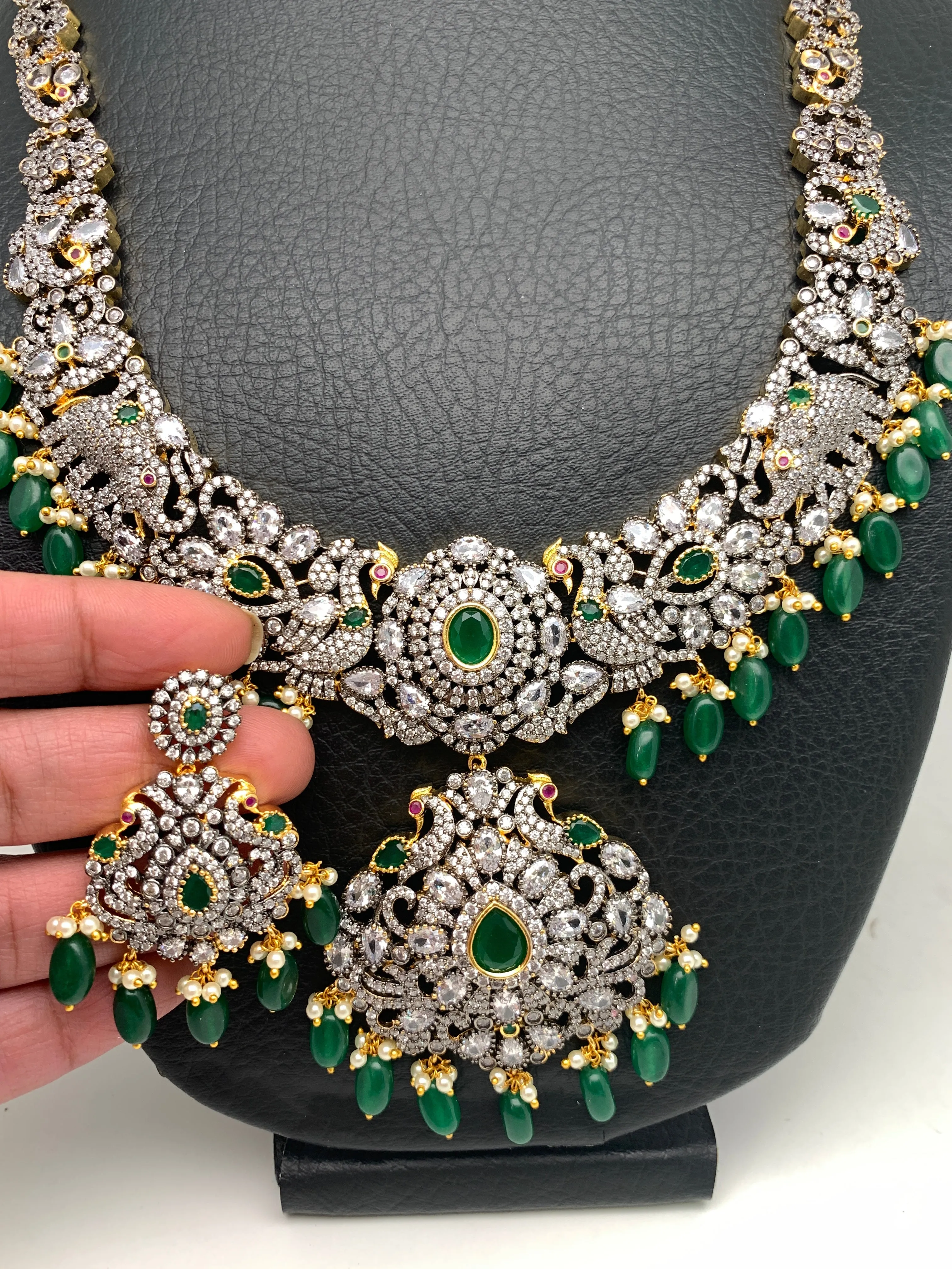 AD Green Stone Green Beads Elephant Peacock Design Dual Polish Long Necklace