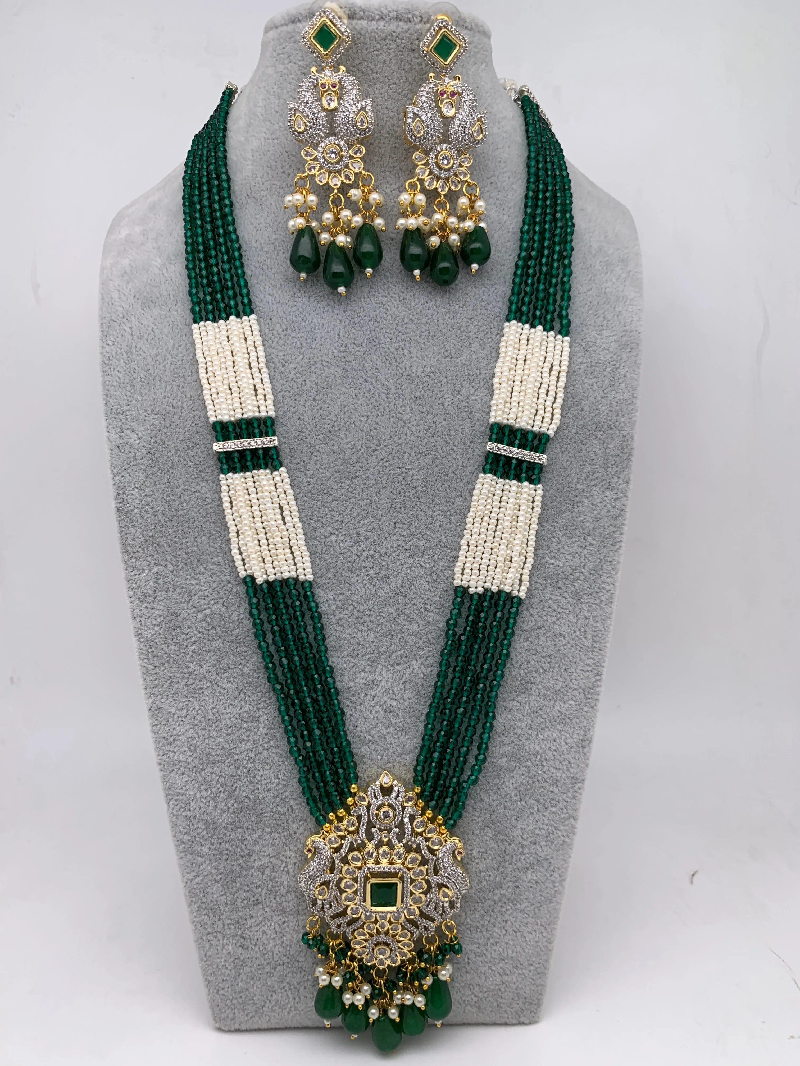 AD Green Stone Green Beads Peacock Pendent Green White Hydro Beads Long Mala