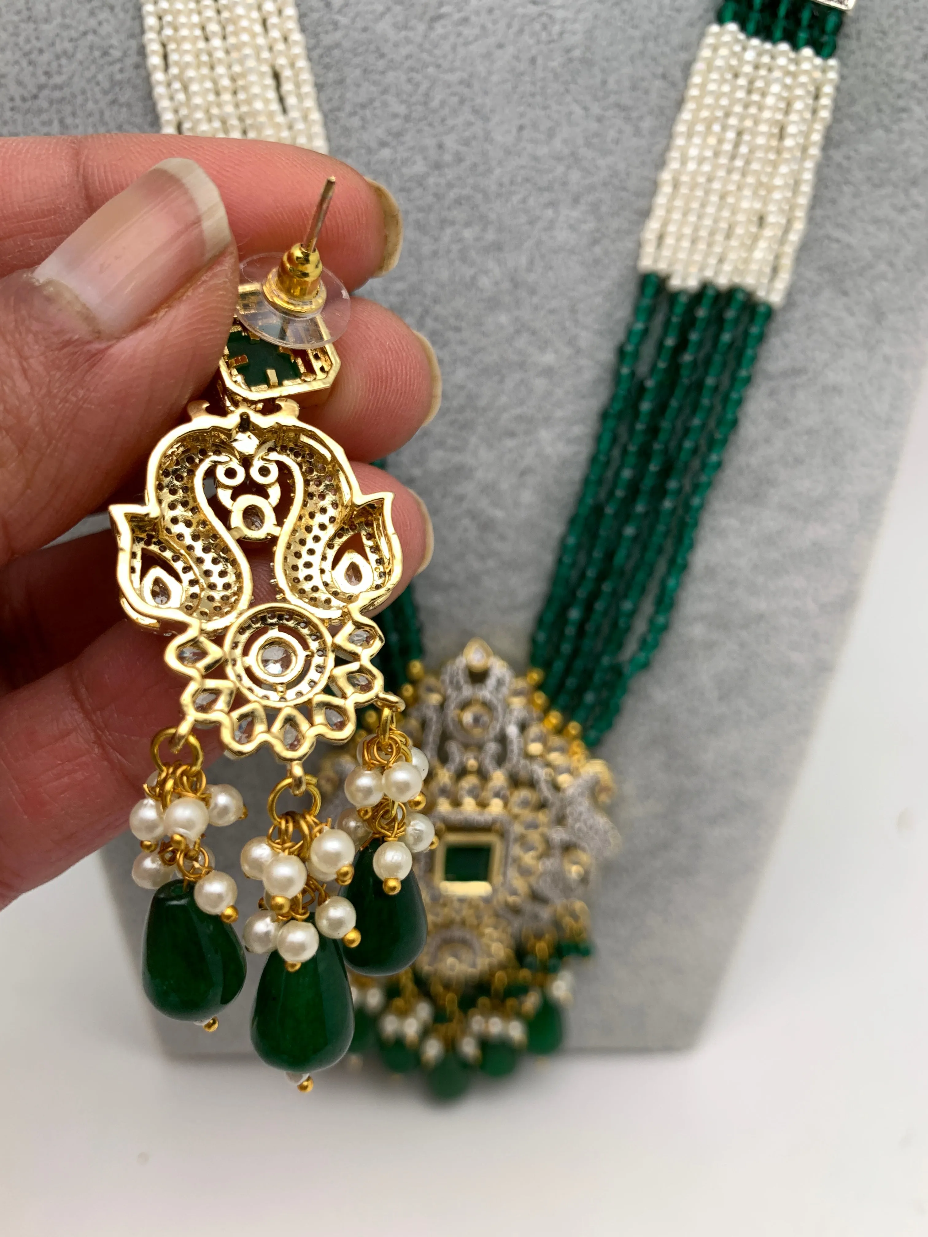 AD Green Stone Green Beads Peacock Pendent Green White Hydro Beads Long Mala