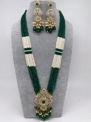 AD Green Stone Green Beads Peacock Pendent Green White Hydro Beads Long Mala