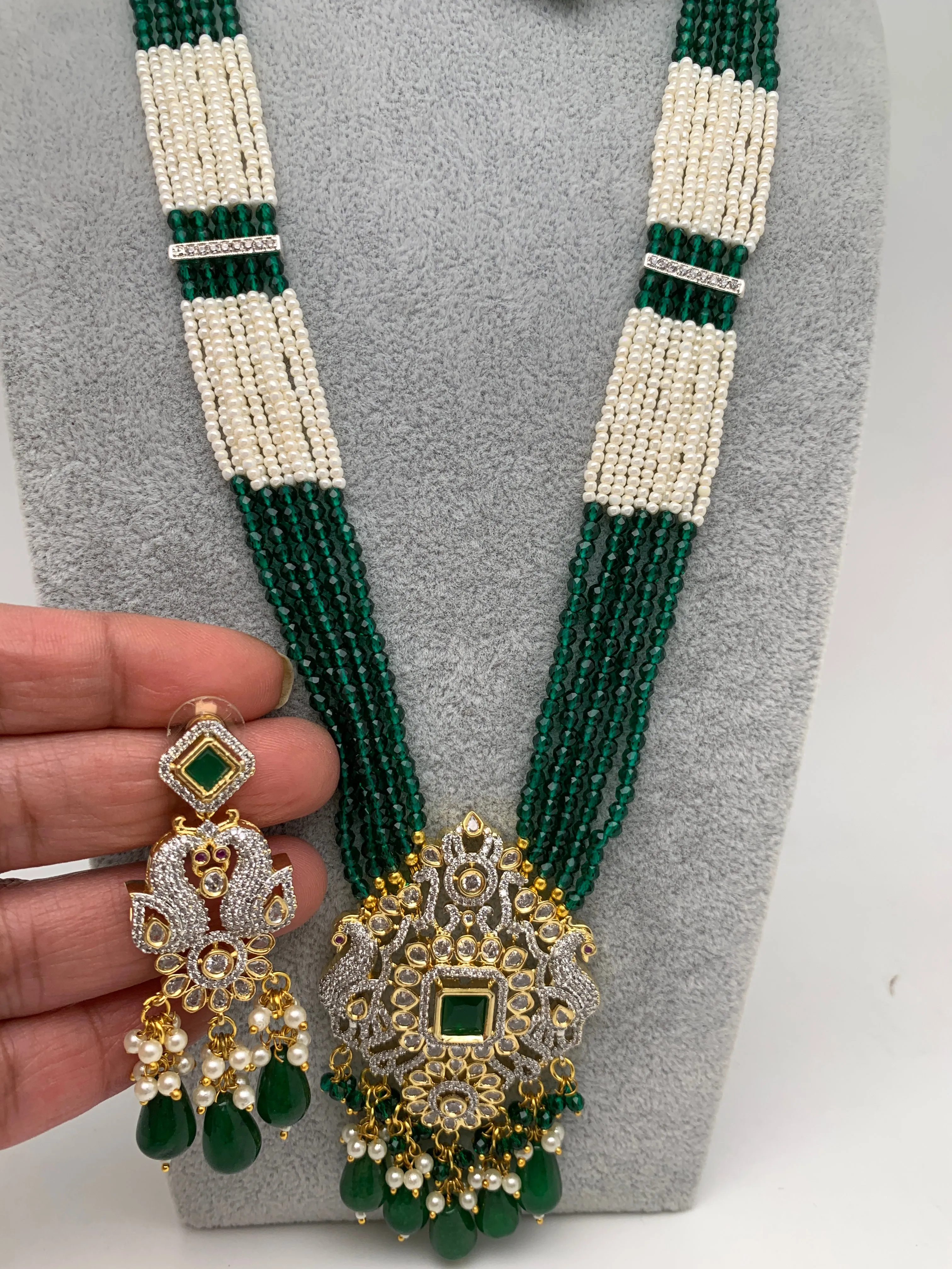 AD Green Stone Green Beads Peacock Pendent Green White Hydro Beads Long Mala