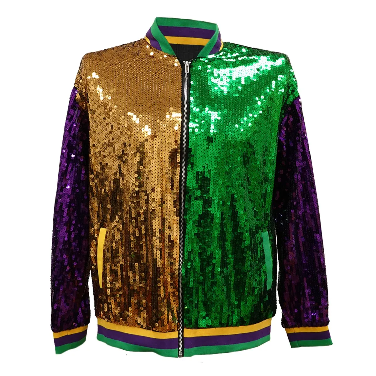 Adult Unisex Purple, Gold, & Green Sequin Mardi Gras Jacket w/Yellow, Purple, & Green Trim