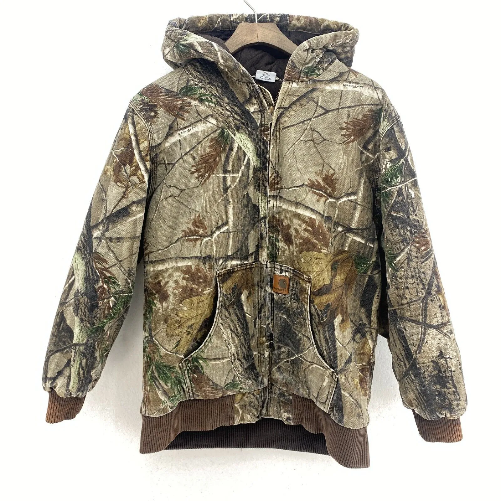Carhartt Real tree Full Zip Green Canvas Hooded Jacket Size L Kids
