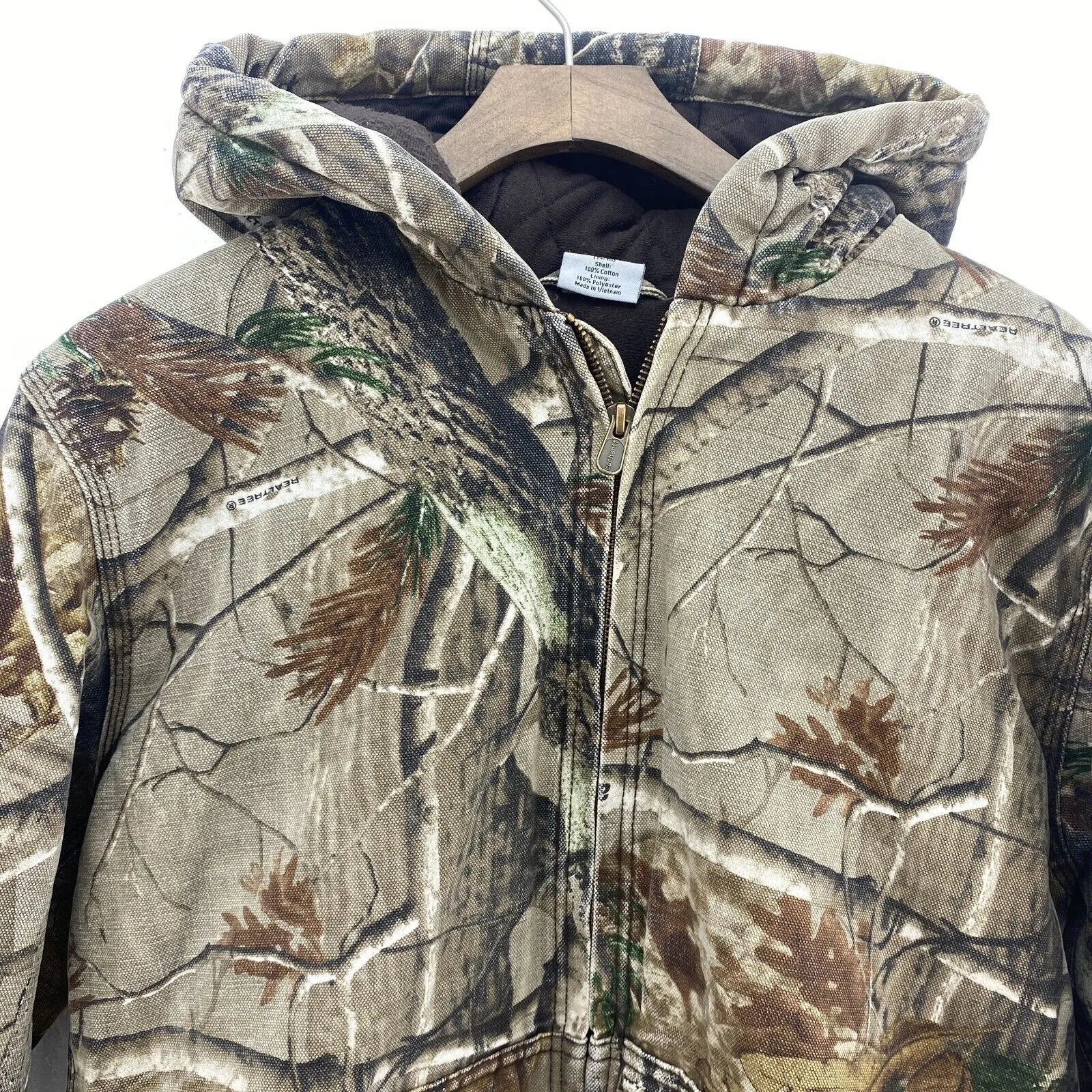 Carhartt Real tree Full Zip Green Canvas Hooded Jacket Size L Kids