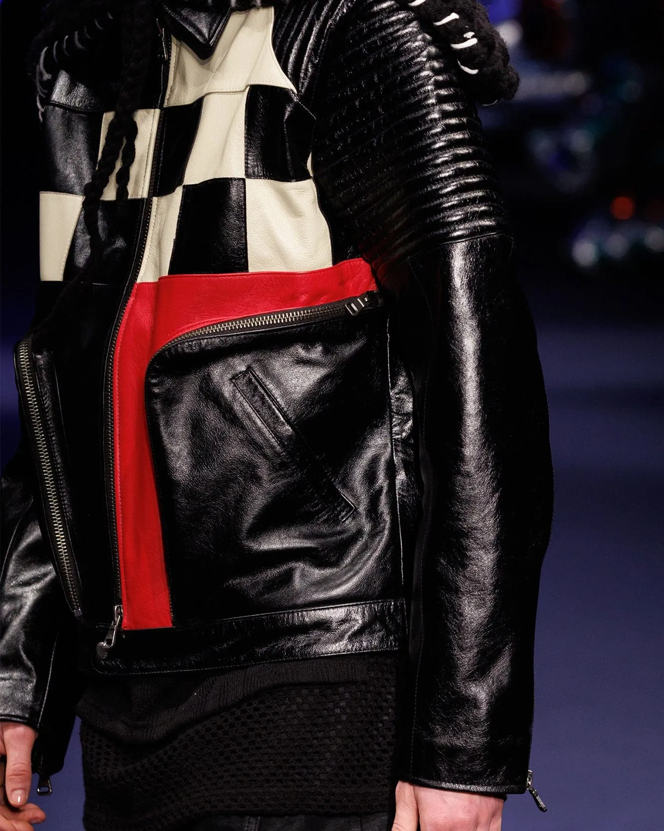 CHECKERBOARD PATCHWORK LEATHER BIKER JACKET awa632m(BLACK)