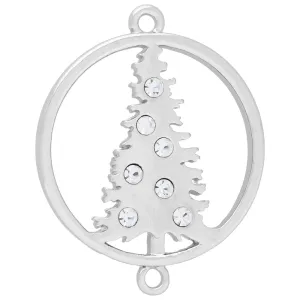 Connector Link, Christmas Tree Round Vertical 24x30mm, Silver Tone with Crystal Accent (1 Piece)