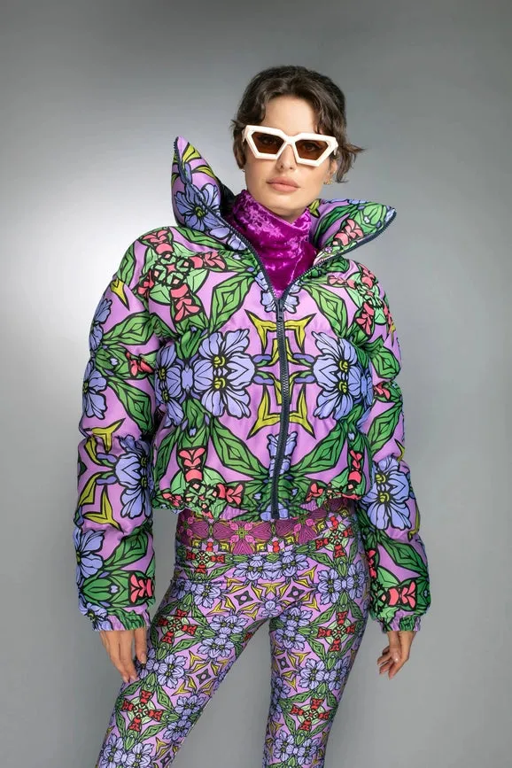 Cropped Fit Long Sleeves Lustrous Printed Puffer Jacket