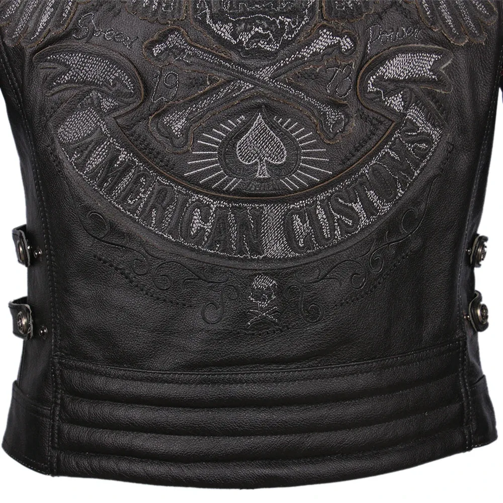 Embroidery Skull Leather Motorcycle Jacket
