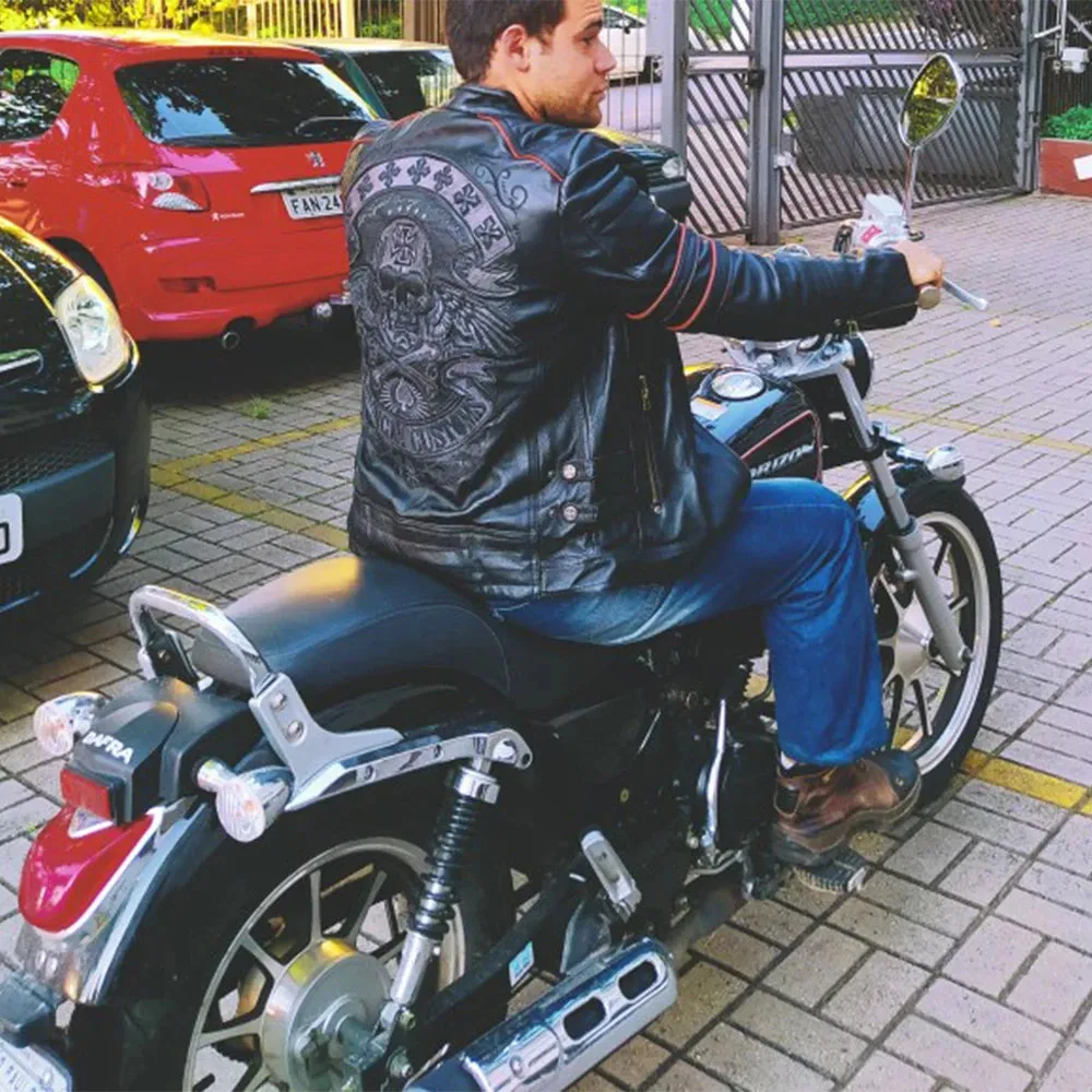 Embroidery Skull Leather Motorcycle Jacket