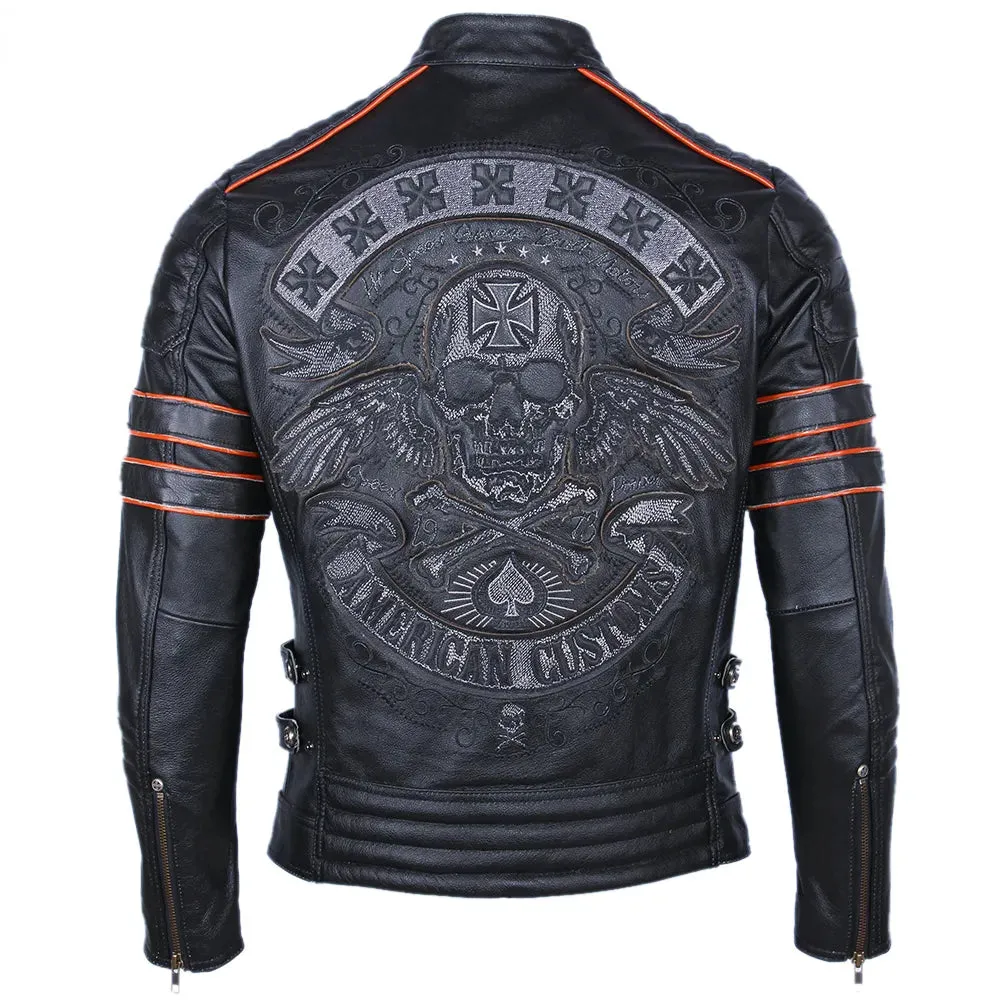 Embroidery Skull Leather Motorcycle Jacket