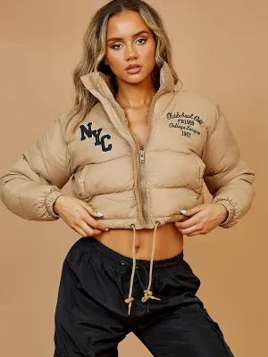 Emy NYC Embroidered Cropped Puffer Jacket In Stone