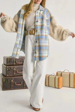 Fleece Sleeves Patchwork Plaid Shacket Winter Outfits Coat