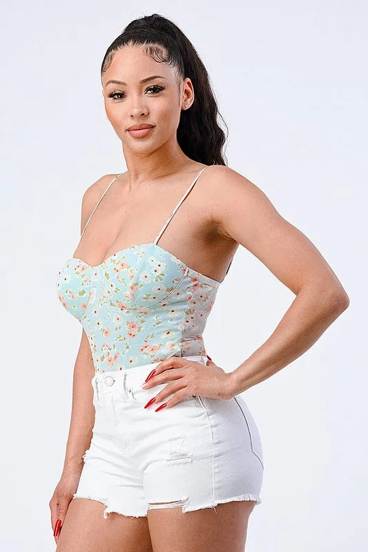 FLORAL KNIT SWEETHEART SPAGHETTI STRAPS BODYSUIT