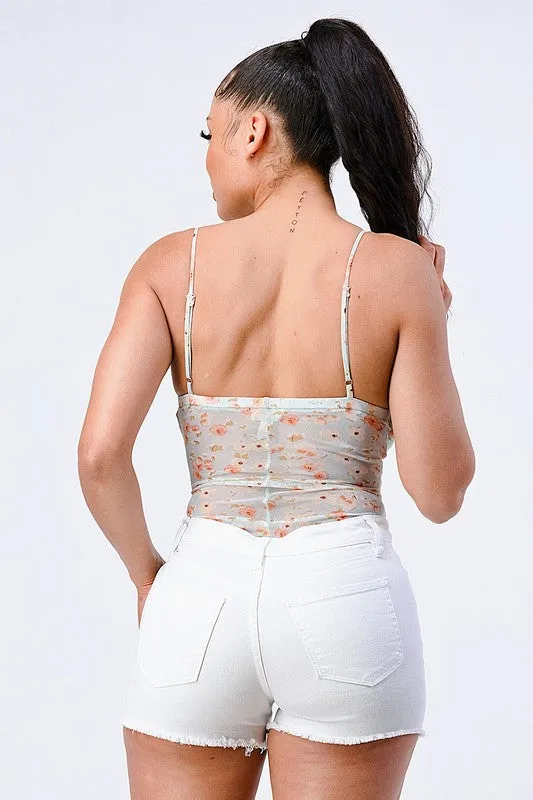 FLORAL KNIT SWEETHEART SPAGHETTI STRAPS BODYSUIT
