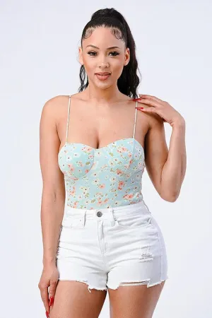 FLORAL KNIT SWEETHEART SPAGHETTI STRAPS BODYSUIT