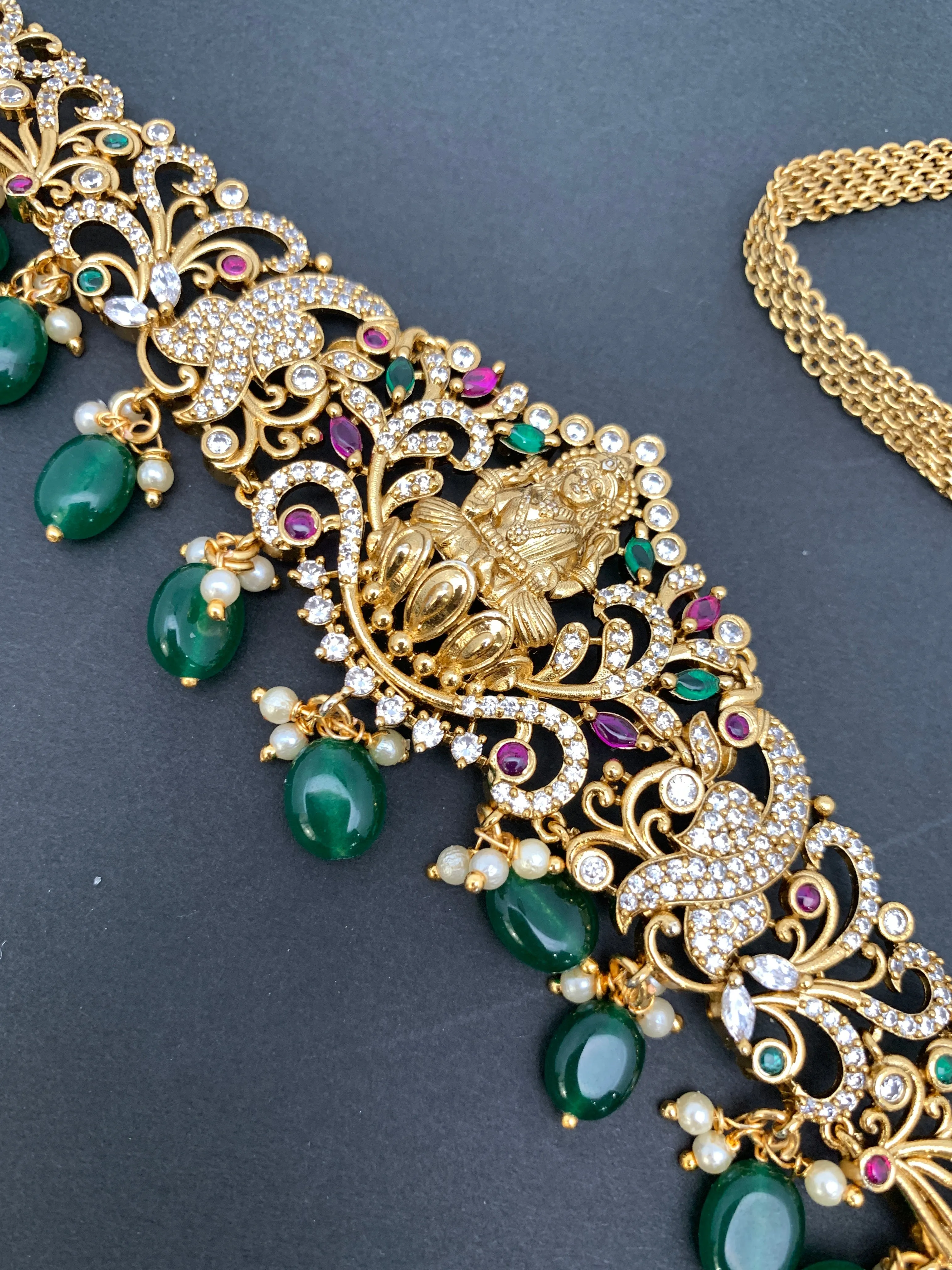 Goddess Lakshmi AD Red Green Stone Green Beads Matte Finish Waist Chain Vaddanam