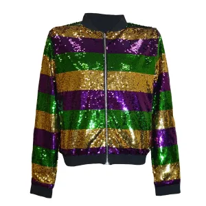 Gold, Purple & Green Sequenced Mardi Gras Striped Jacket w/Black Trim