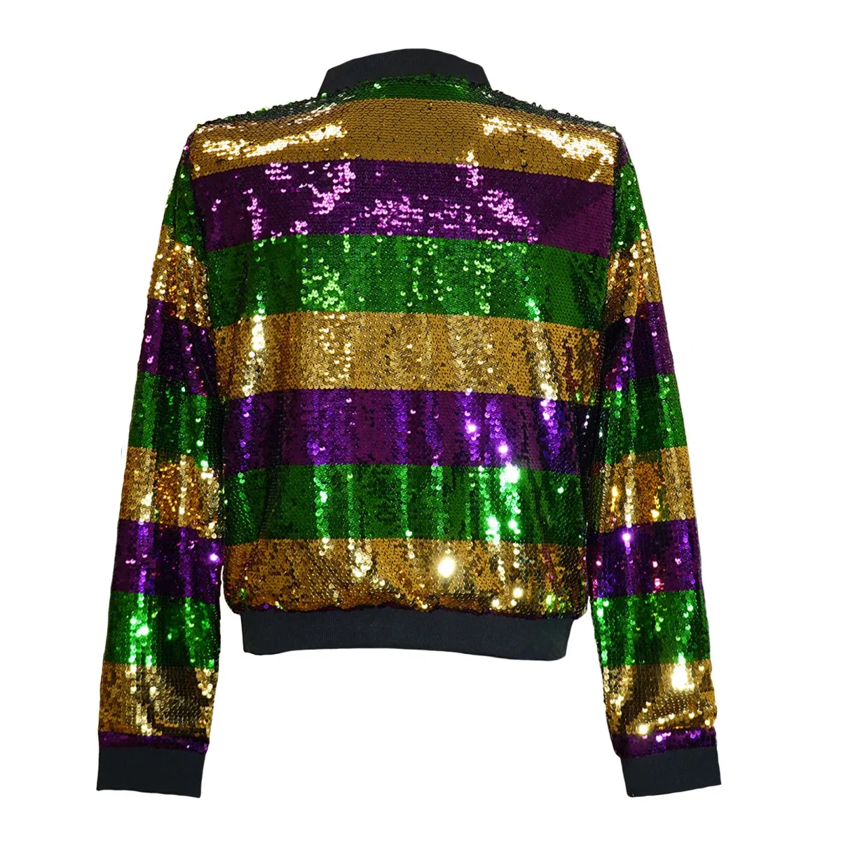 Gold, Purple & Green Sequenced Mardi Gras Striped Jacket w/Black Trim