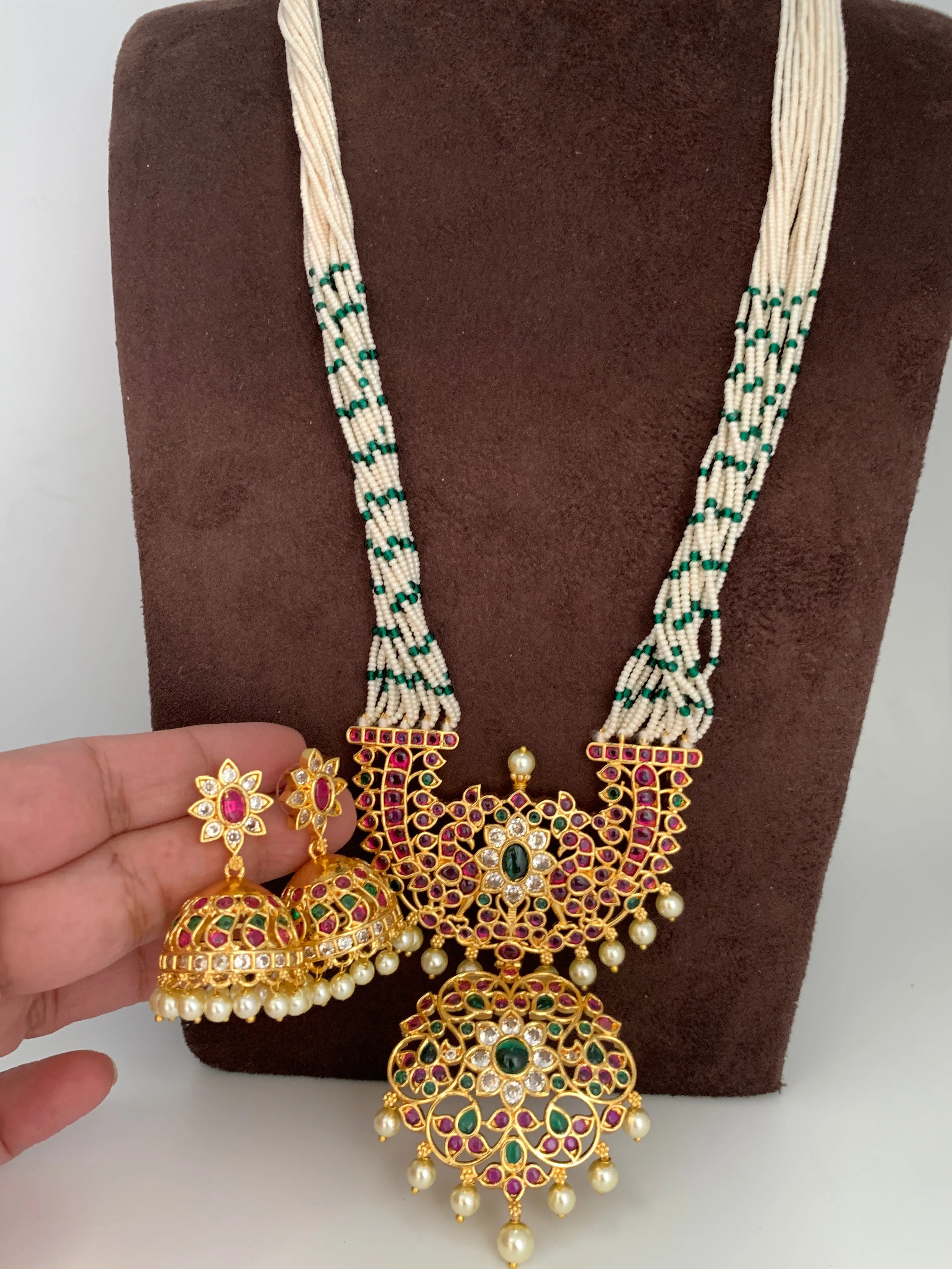 Green Beads Micro Pearl Beads Red Green Stone CZ Pendent Long Necklace