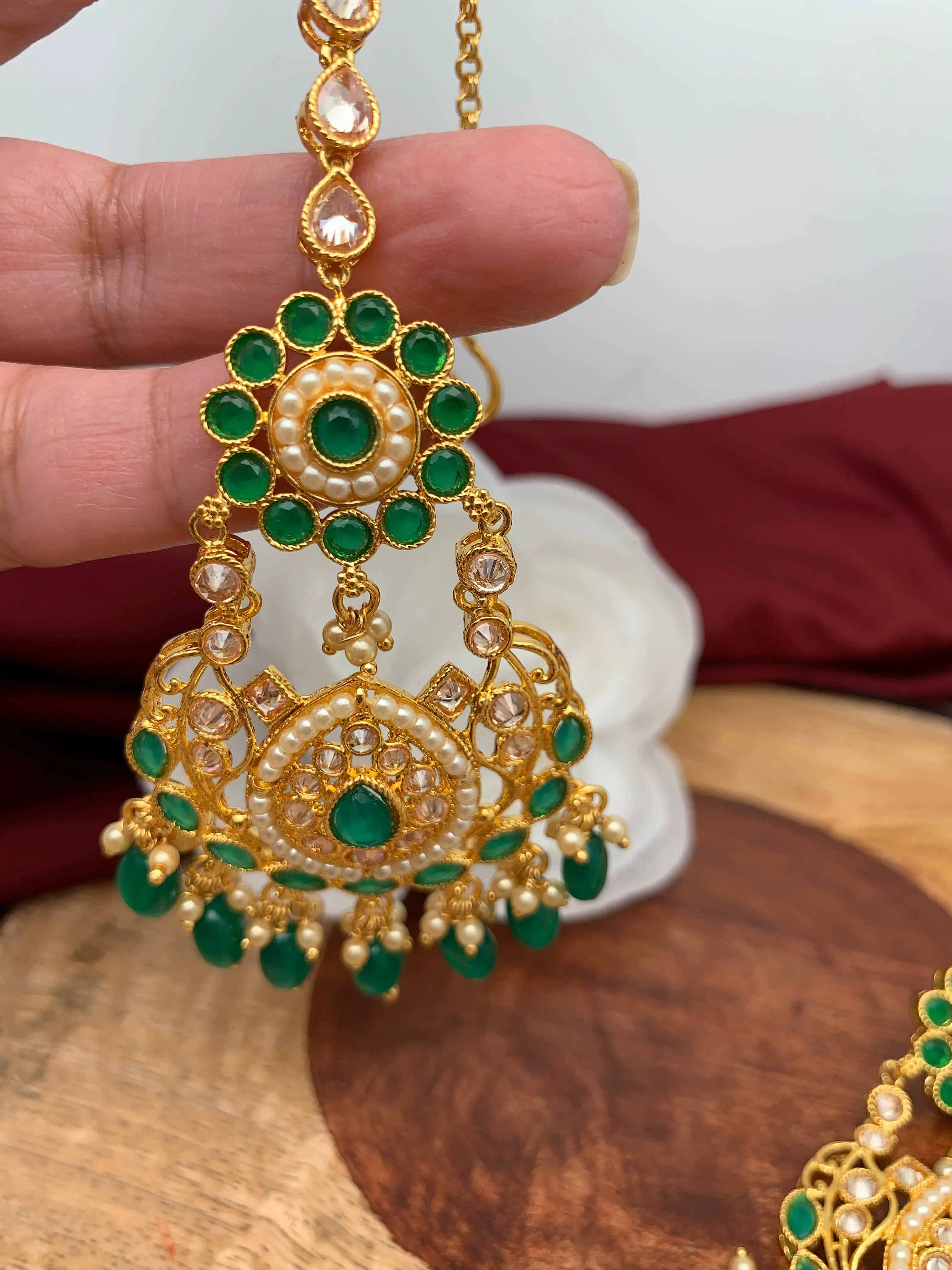 Green Stone Polki Green Beads Earrings with Maang Teeka