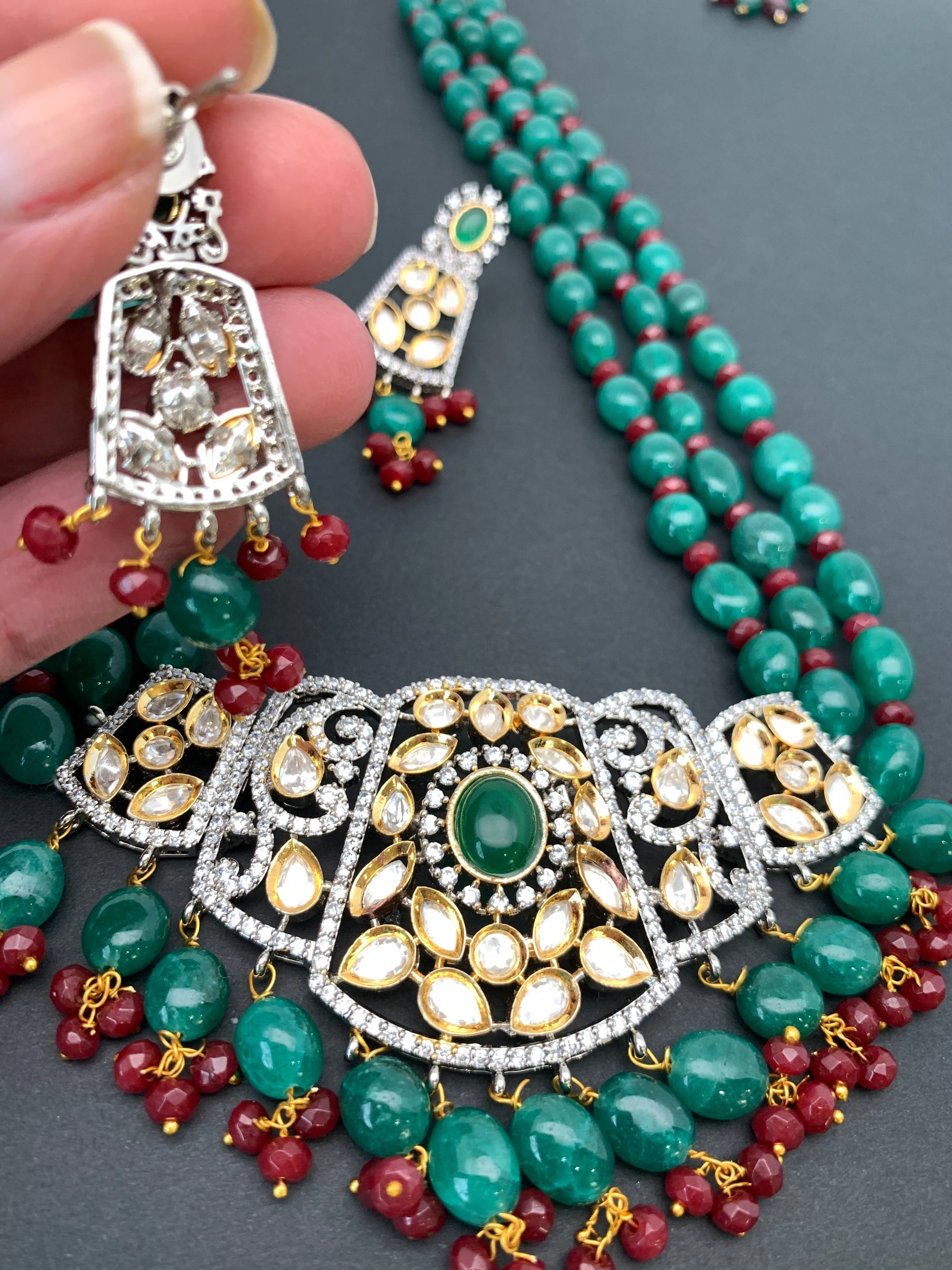 Kundan AD Green Stone Dual Tone Pendent Green Beads Mala