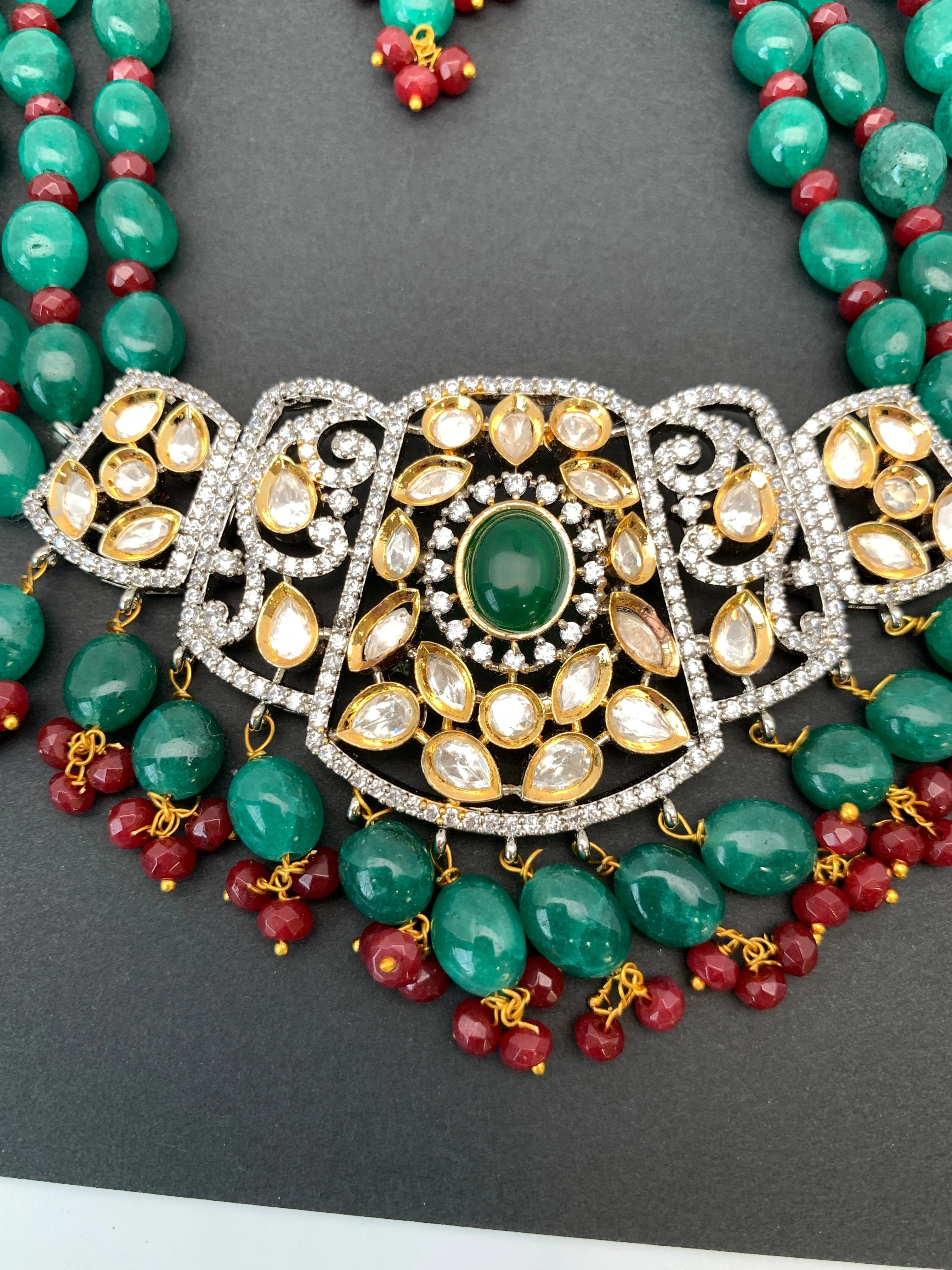 Kundan AD Green Stone Dual Tone Pendent Green Beads Mala