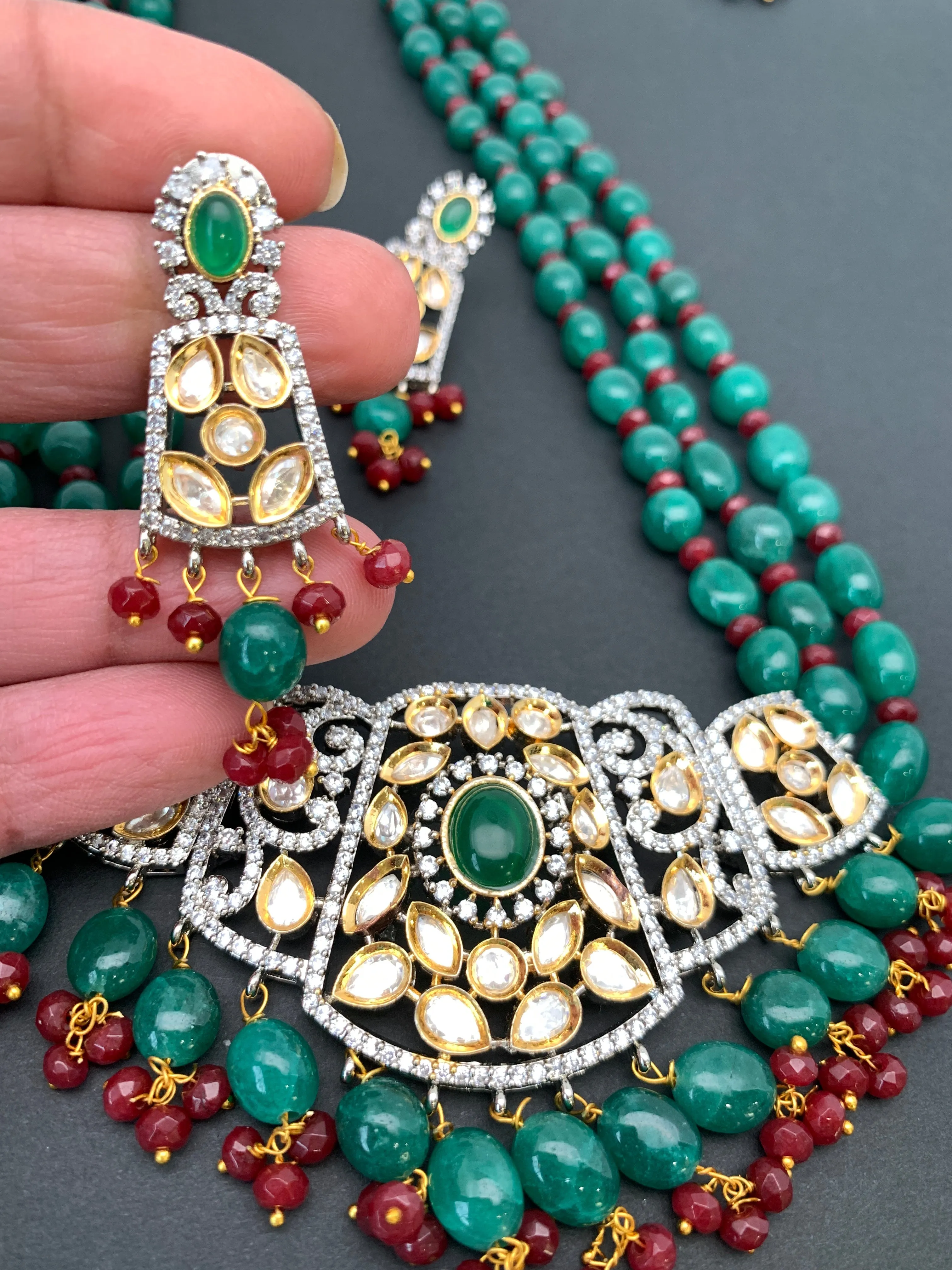 Kundan AD Green Stone Dual Tone Pendent Green Beads Mala