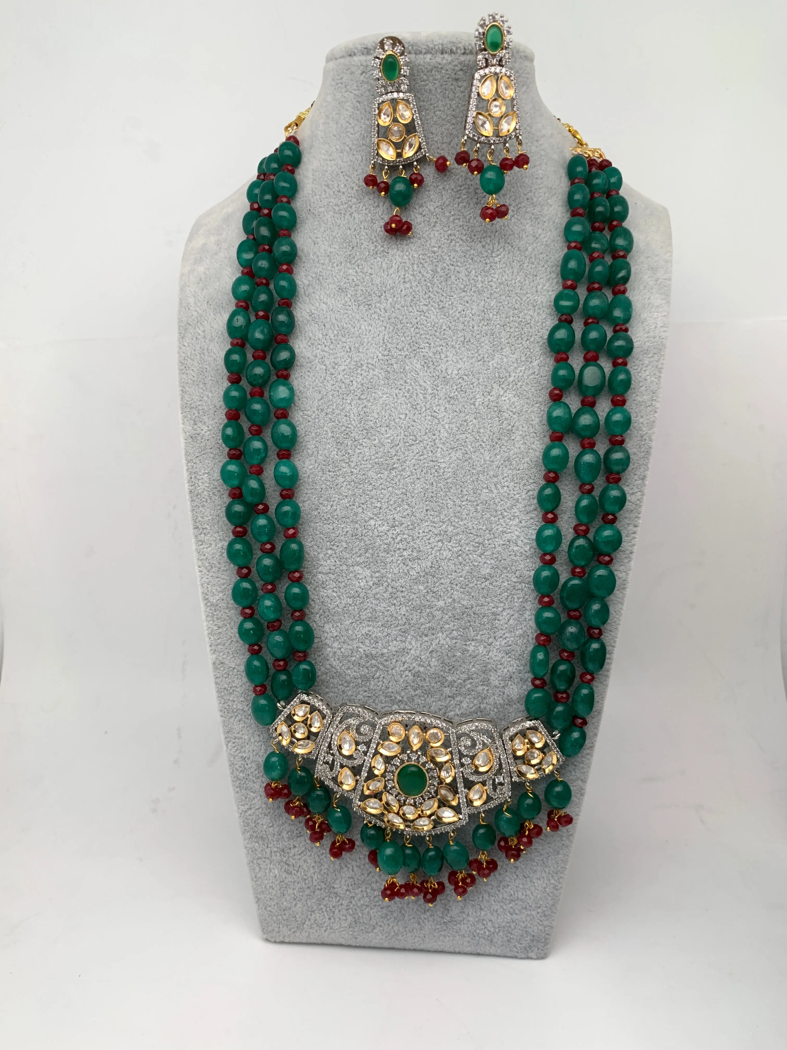 Kundan AD Green Stone Dual Tone Pendent Green Beads Mala