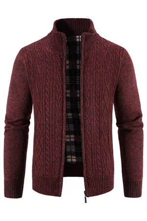 Men's Burgundy Stand Collar Thickened Cardigan Sweater