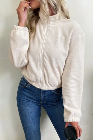 Off White Open Zipper Short Length Fleece Coat