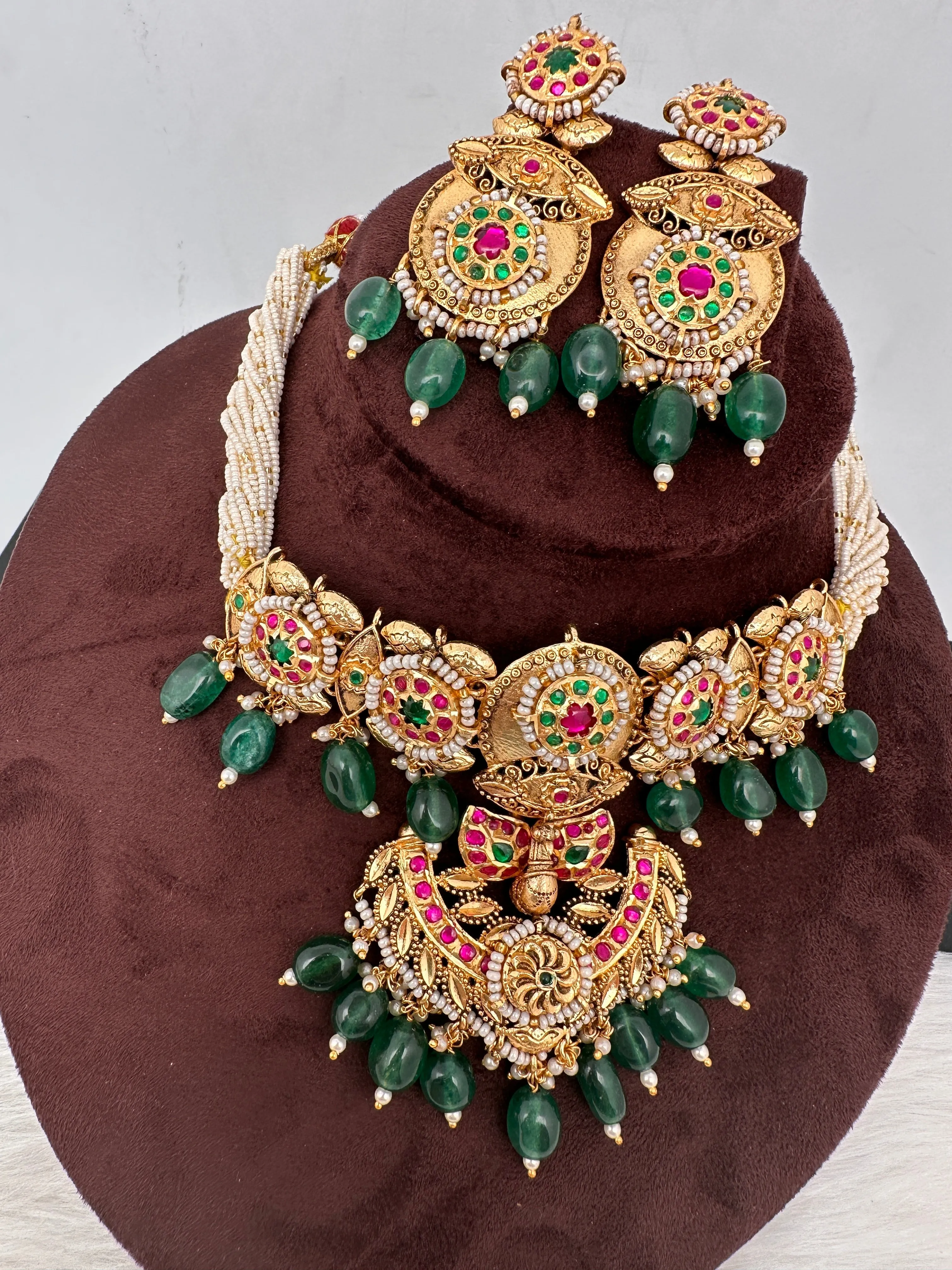 Peacock Nakshi Red Green Jadau Kundan Green Beads Neckline Necklace