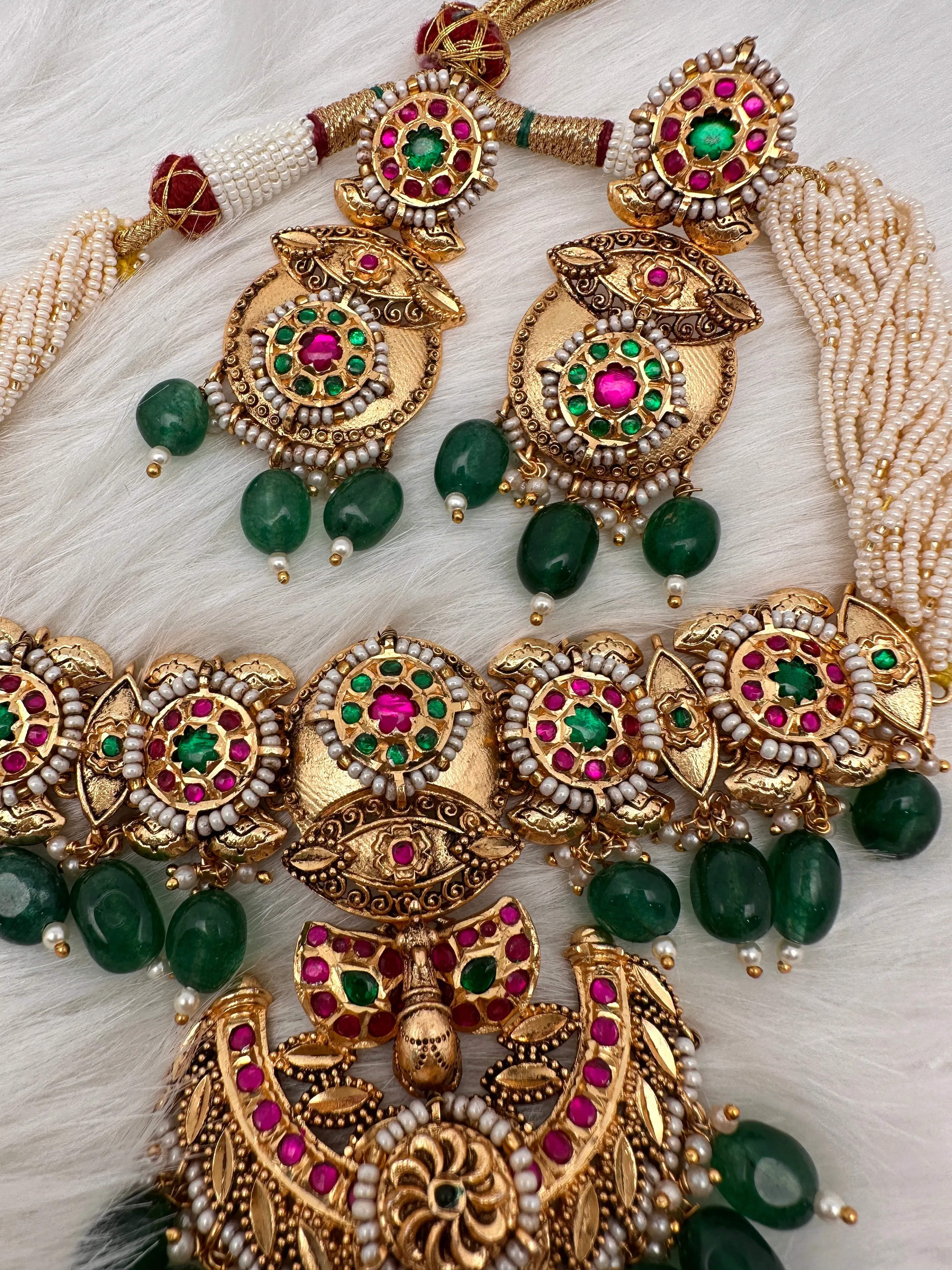 Peacock Nakshi Red Green Jadau Kundan Green Beads Neckline Necklace
