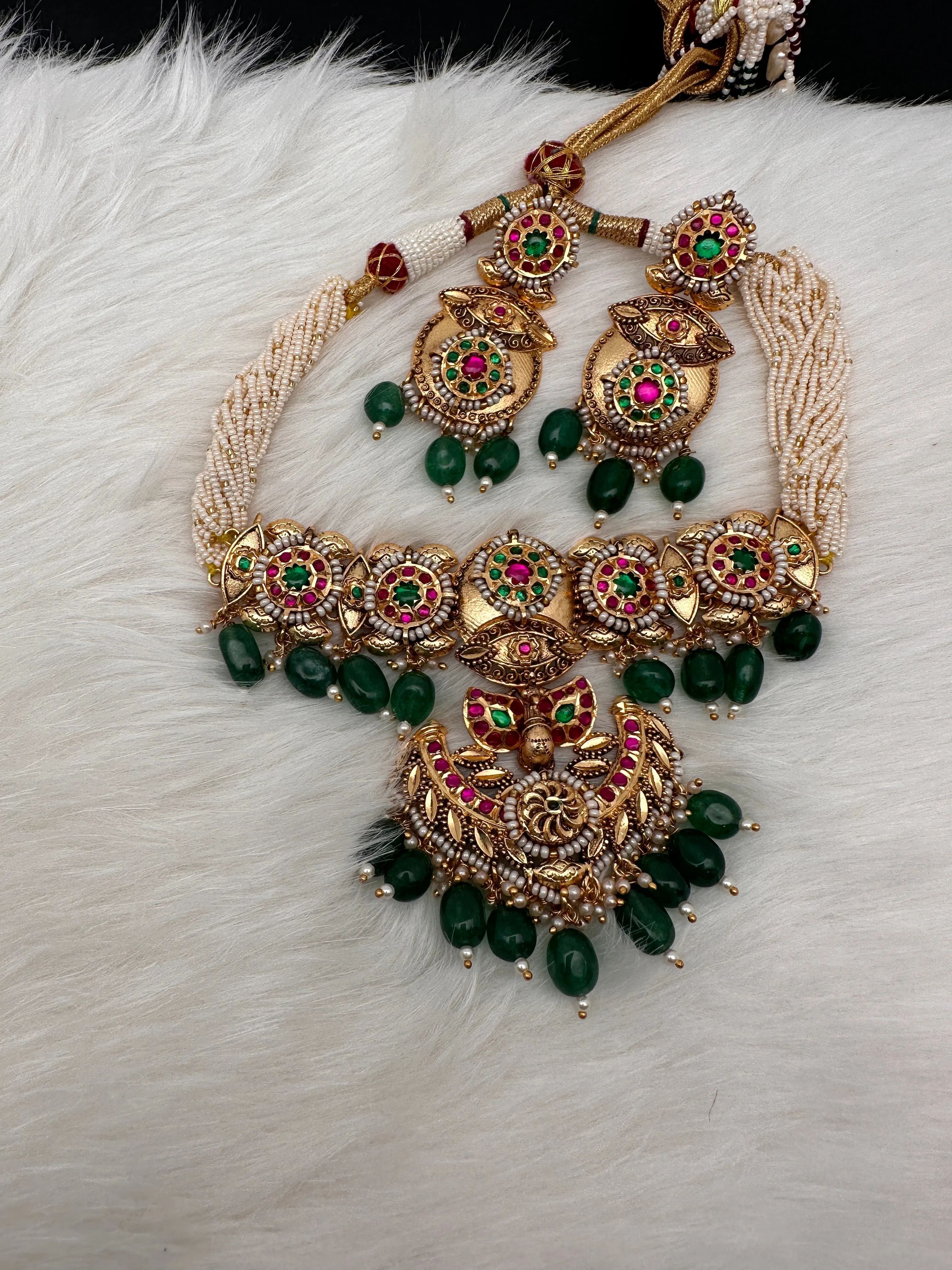Peacock Nakshi Red Green Jadau Kundan Green Beads Neckline Necklace