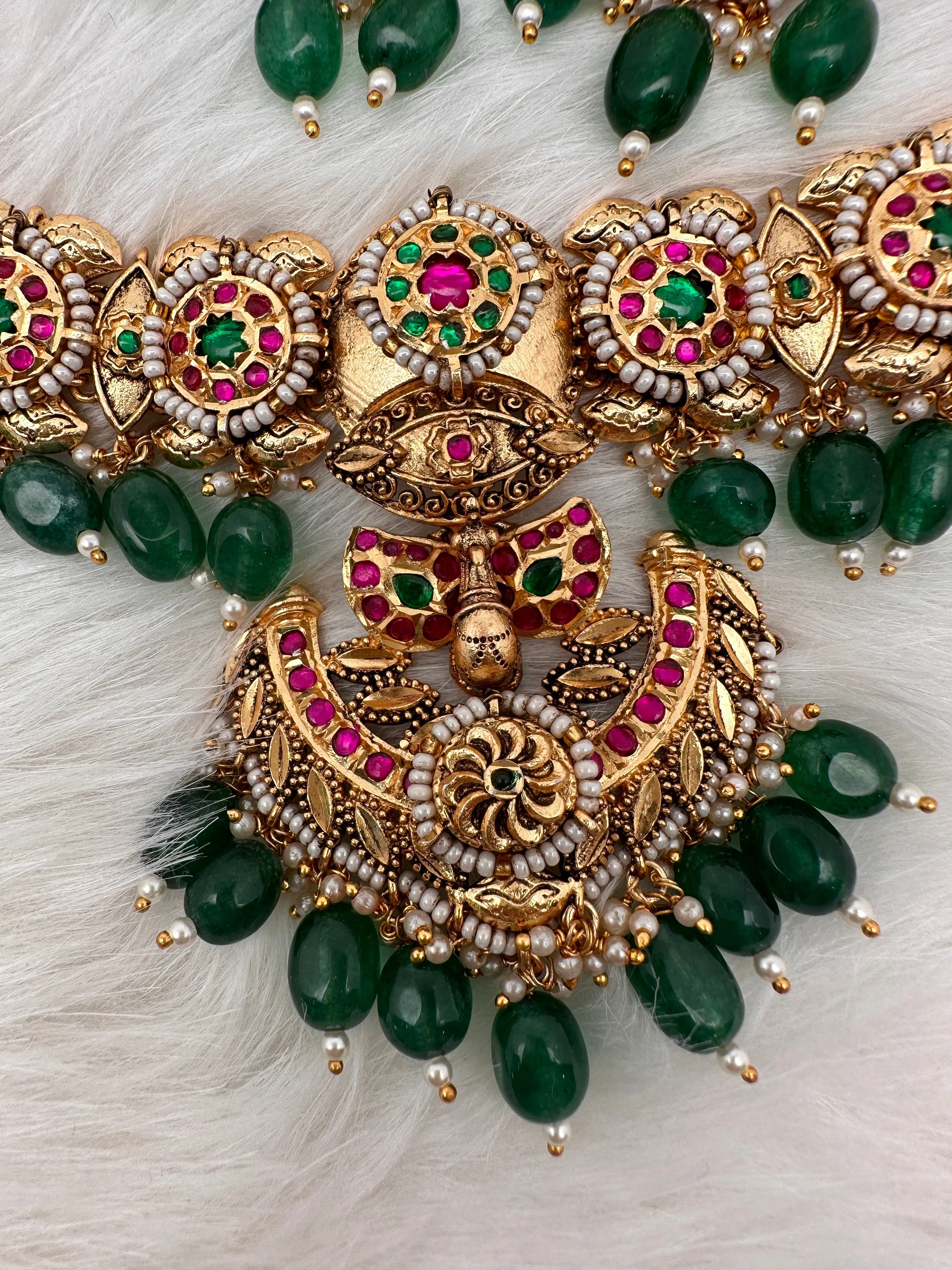 Peacock Nakshi Red Green Jadau Kundan Green Beads Neckline Necklace