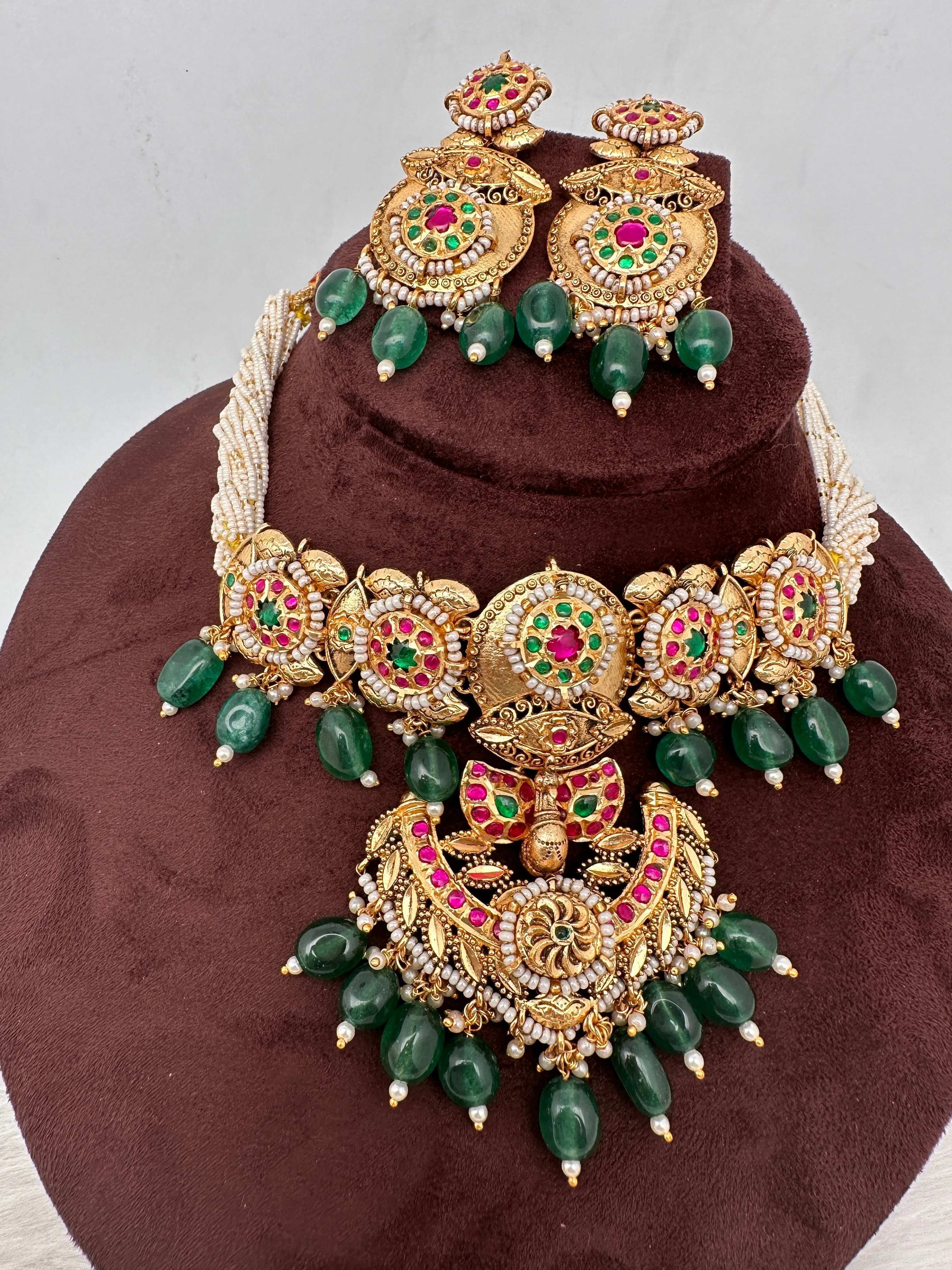 Peacock Nakshi Red Green Jadau Kundan Green Beads Neckline Necklace