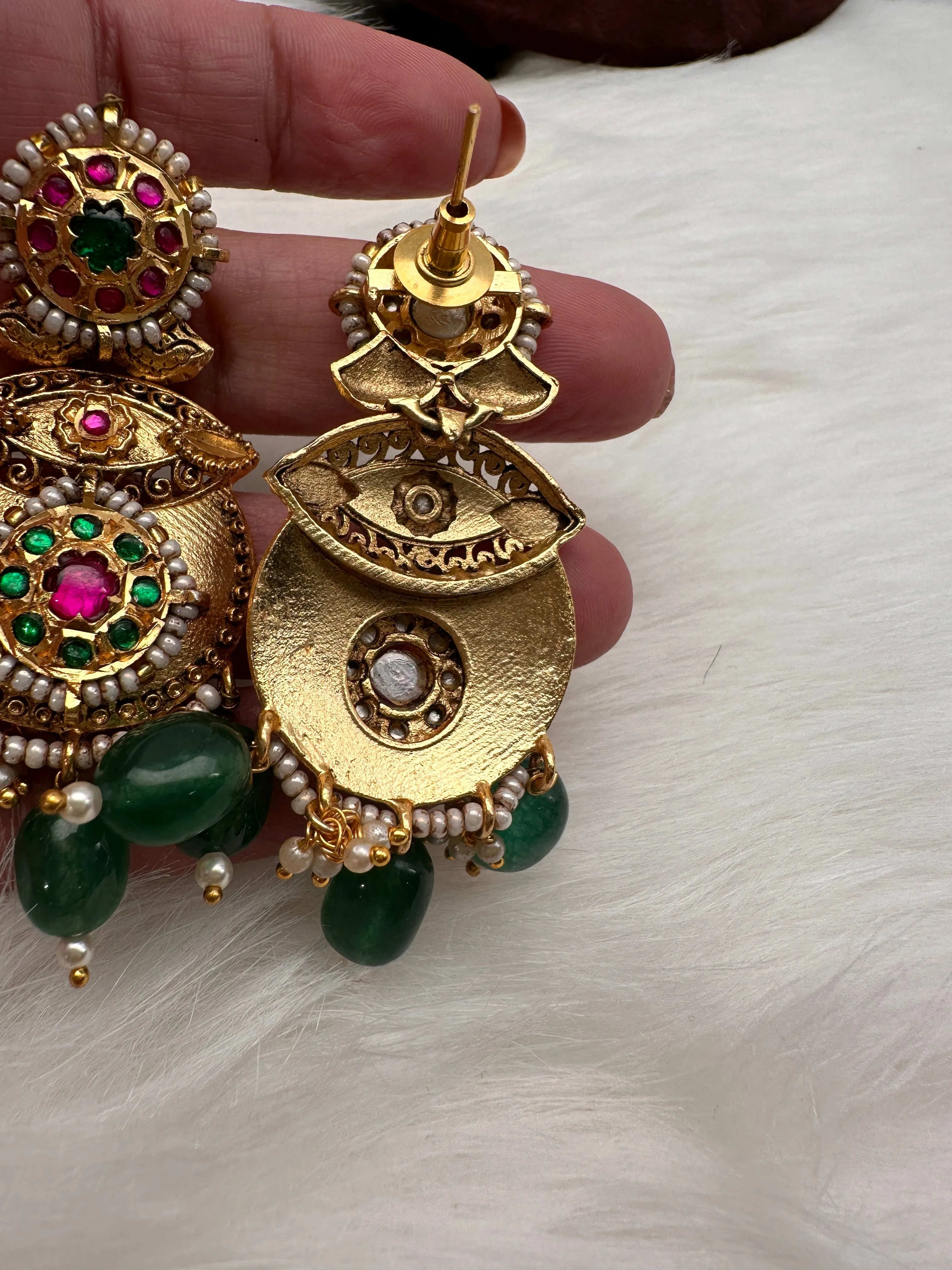 Peacock Nakshi Red Green Jadau Kundan Green Beads Neckline Necklace