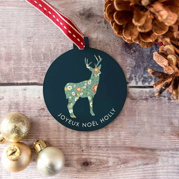 Personalised 'Joyeux Noel' Deer Christmas Bauble