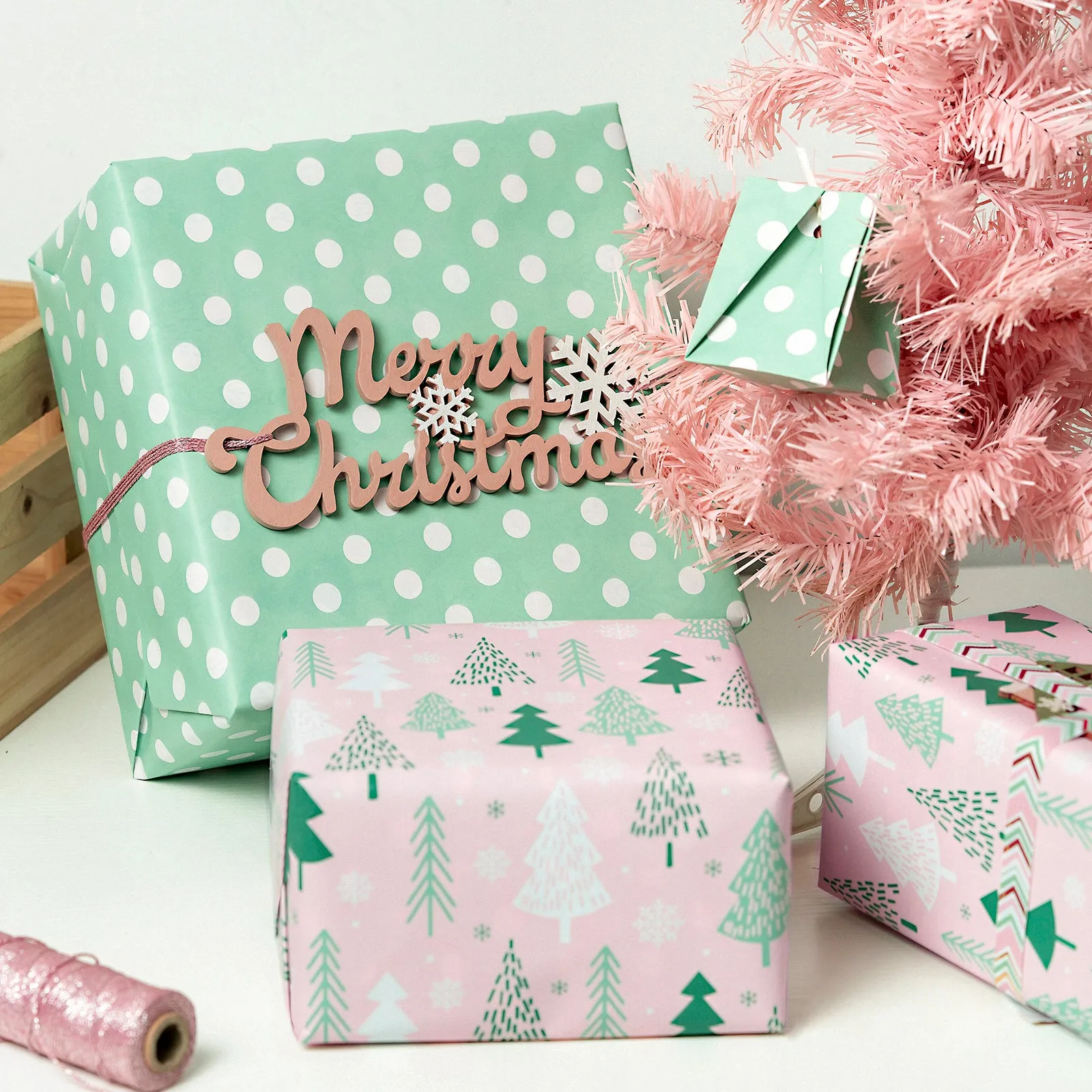 Pink Tree Christmas Wrapping Paper Roll with White Polka Dots on Reverse