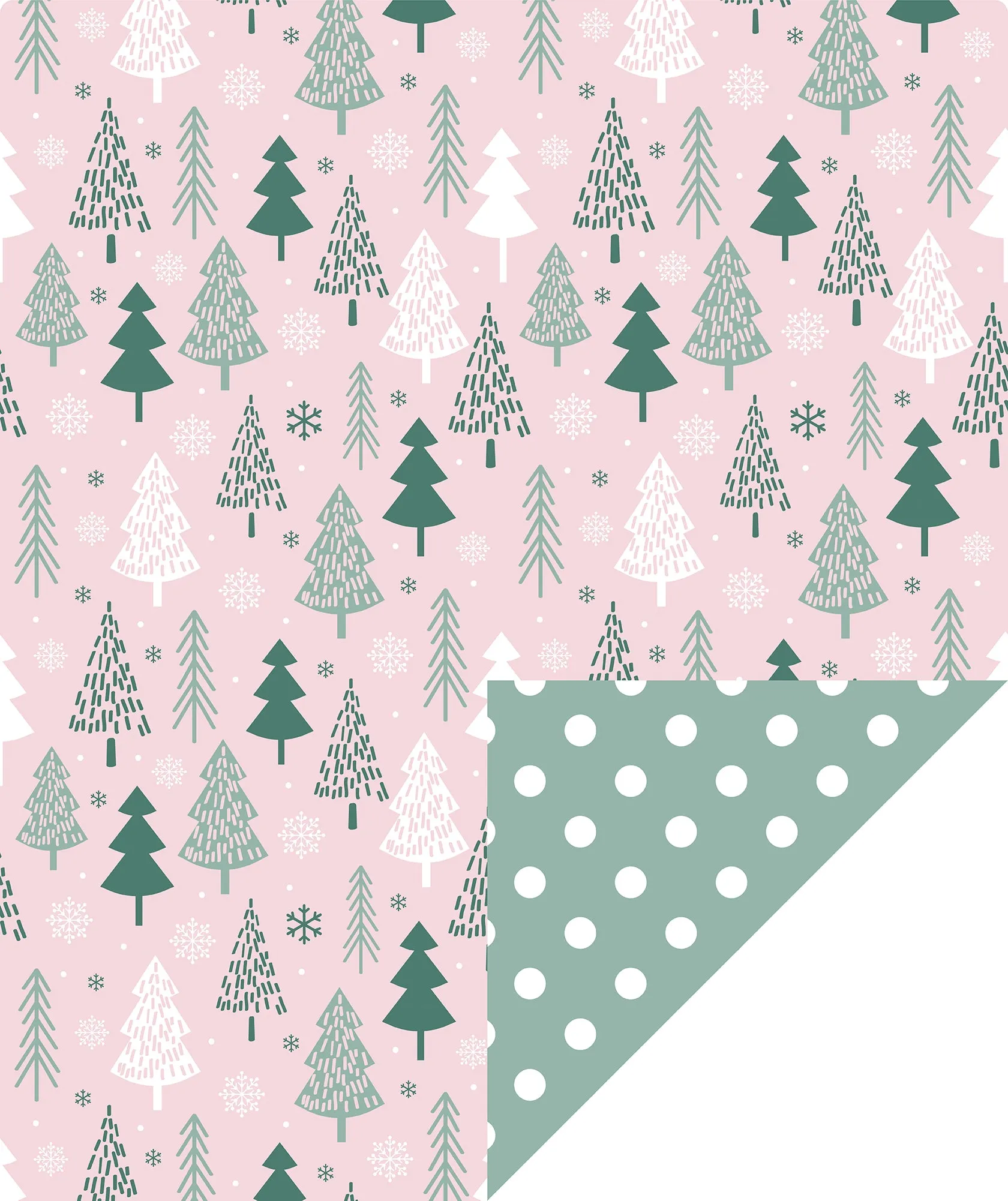 Pink Tree Christmas Wrapping Paper Roll with White Polka Dots on Reverse