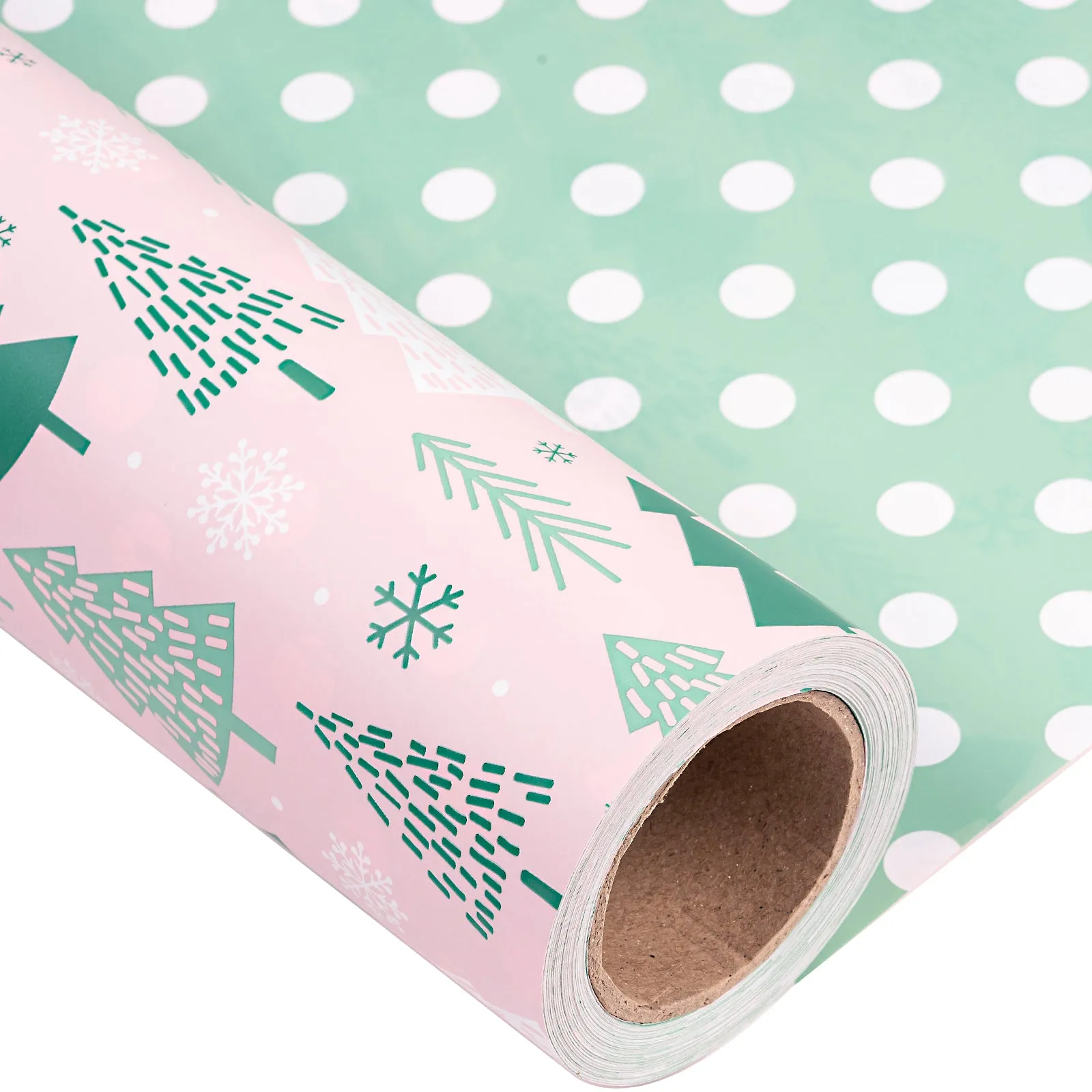Pink Tree Christmas Wrapping Paper Roll with White Polka Dots on Reverse