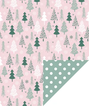 Pink Tree Christmas Wrapping Paper Roll with White Polka Dots on Reverse